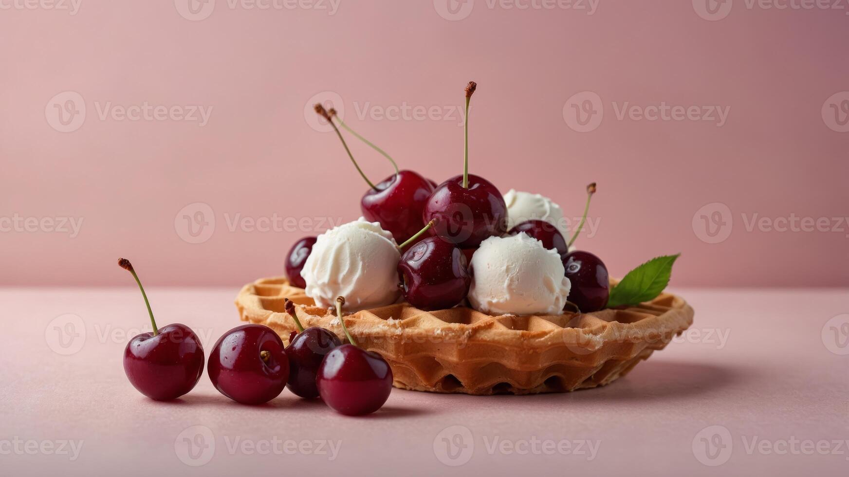 Ice cream cone filled with cherries on a pastel pink background Fresh cherry in a waffle cone Summer concept. photo