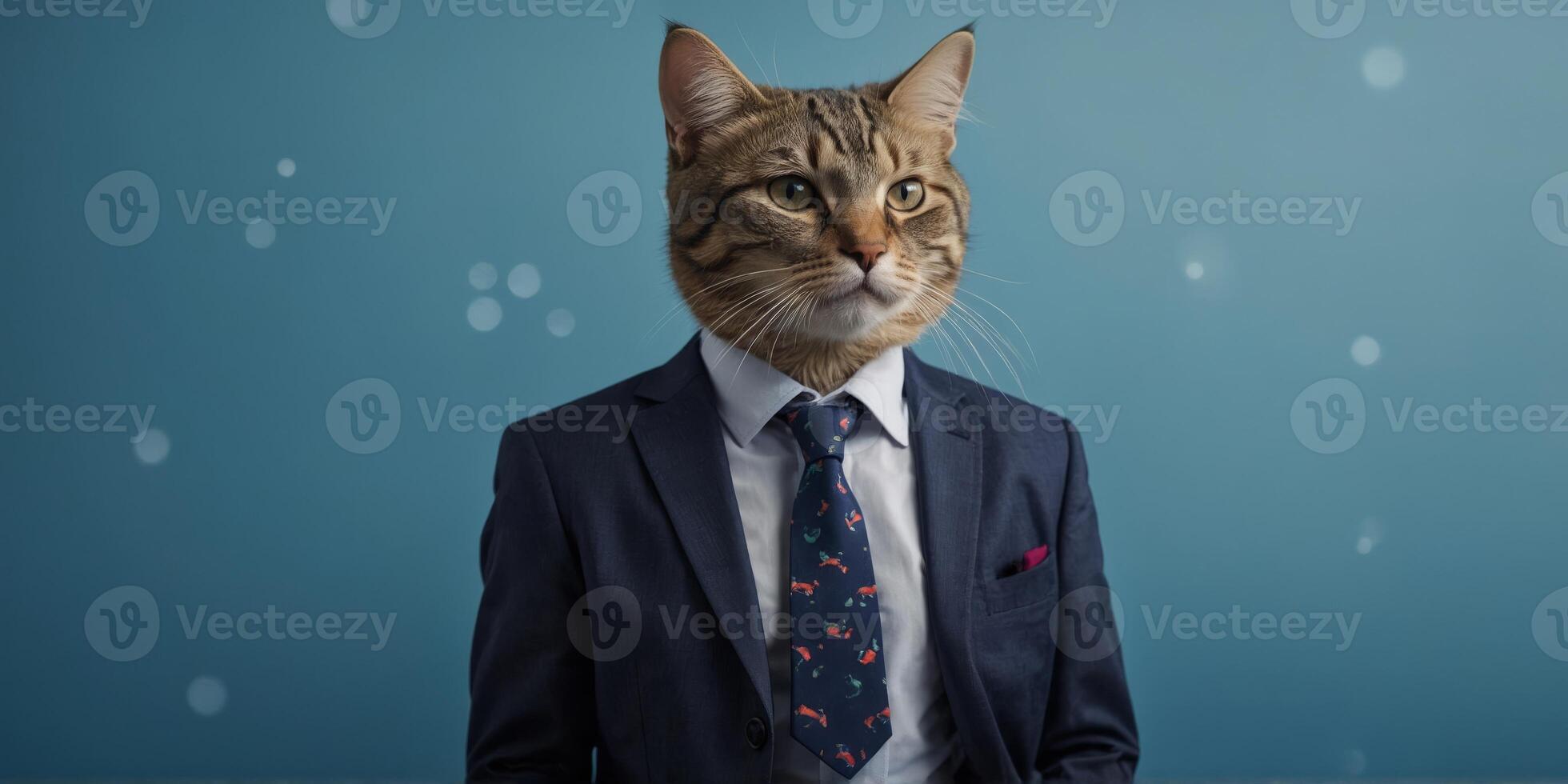 Business cat in a shirt with a tie on a blue background. photo