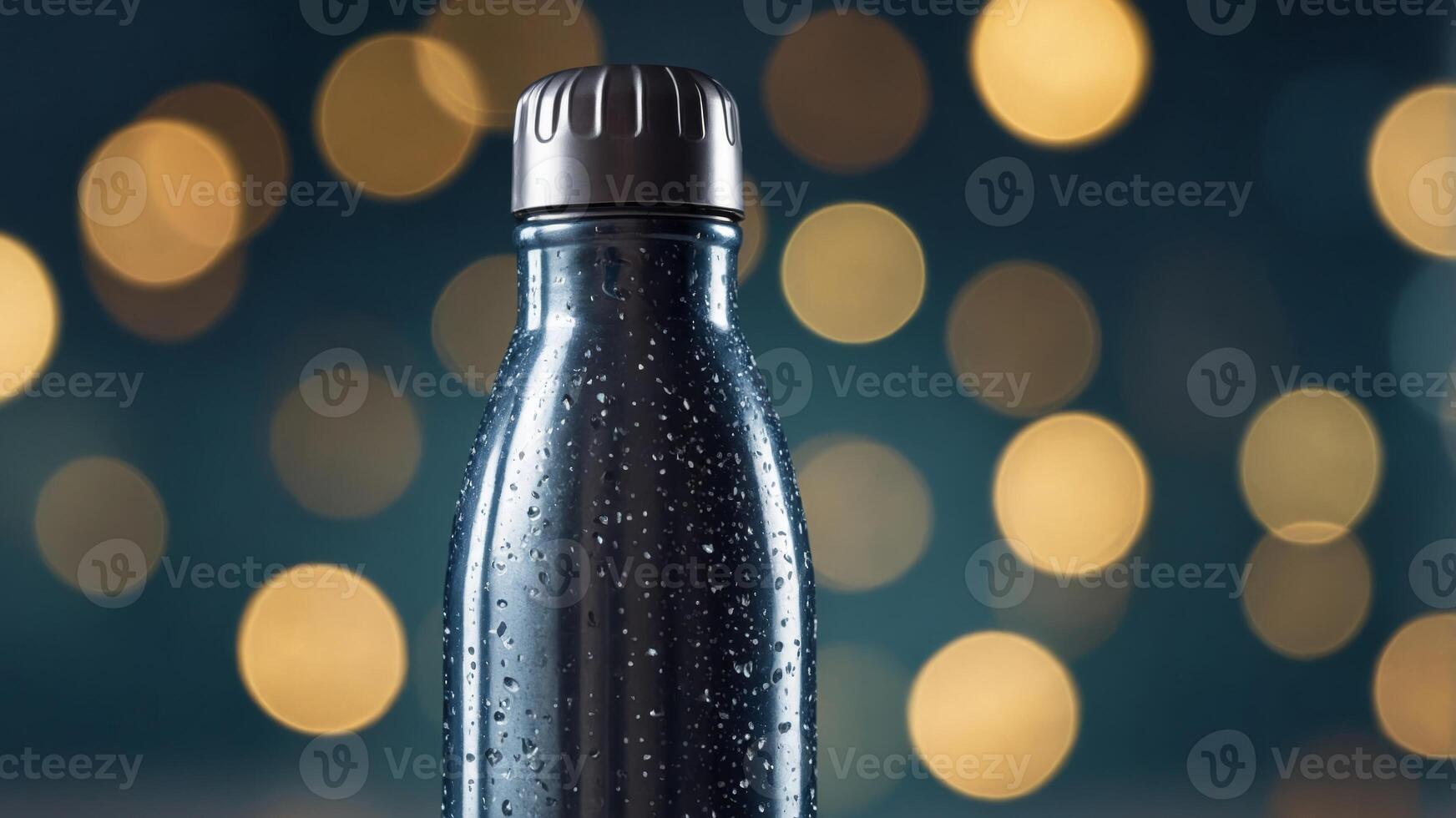 A closeup image of a lightweight aluminum water bottle with a doublewalled design to keep drinks hot or cold for longer periods of time. photo