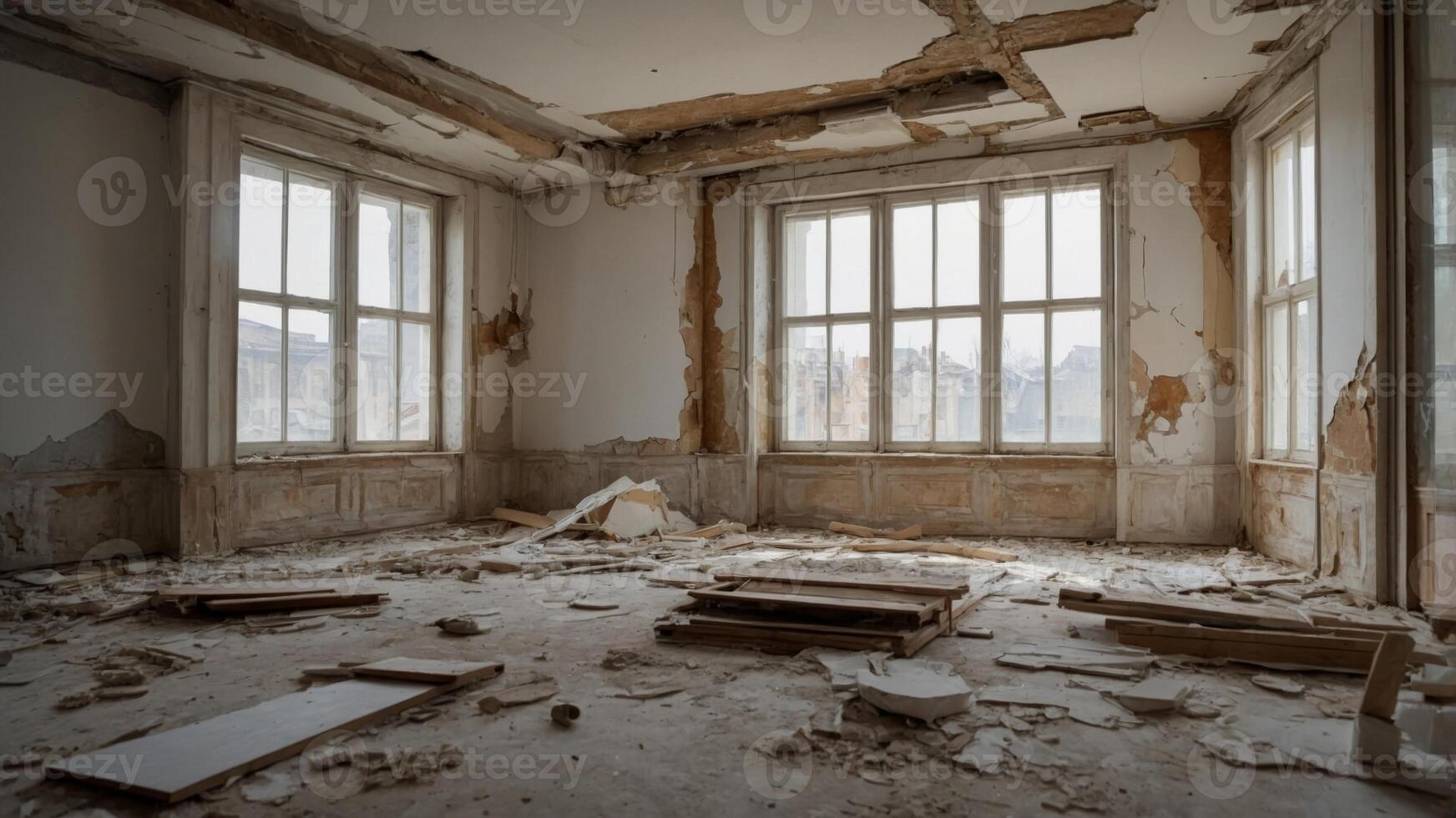 renovating or restoring while flatten background wall off peeling plaster Old. photo