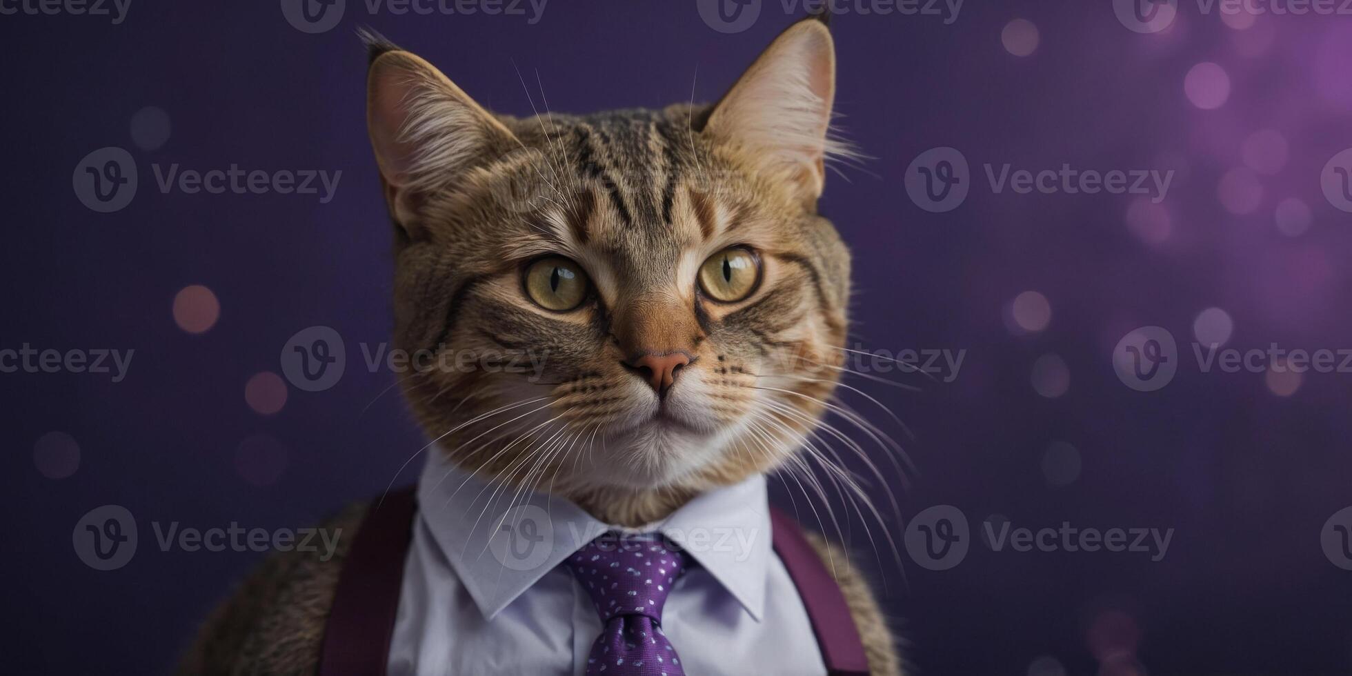 Business cat in a shirt with a tie on a purple background. photo