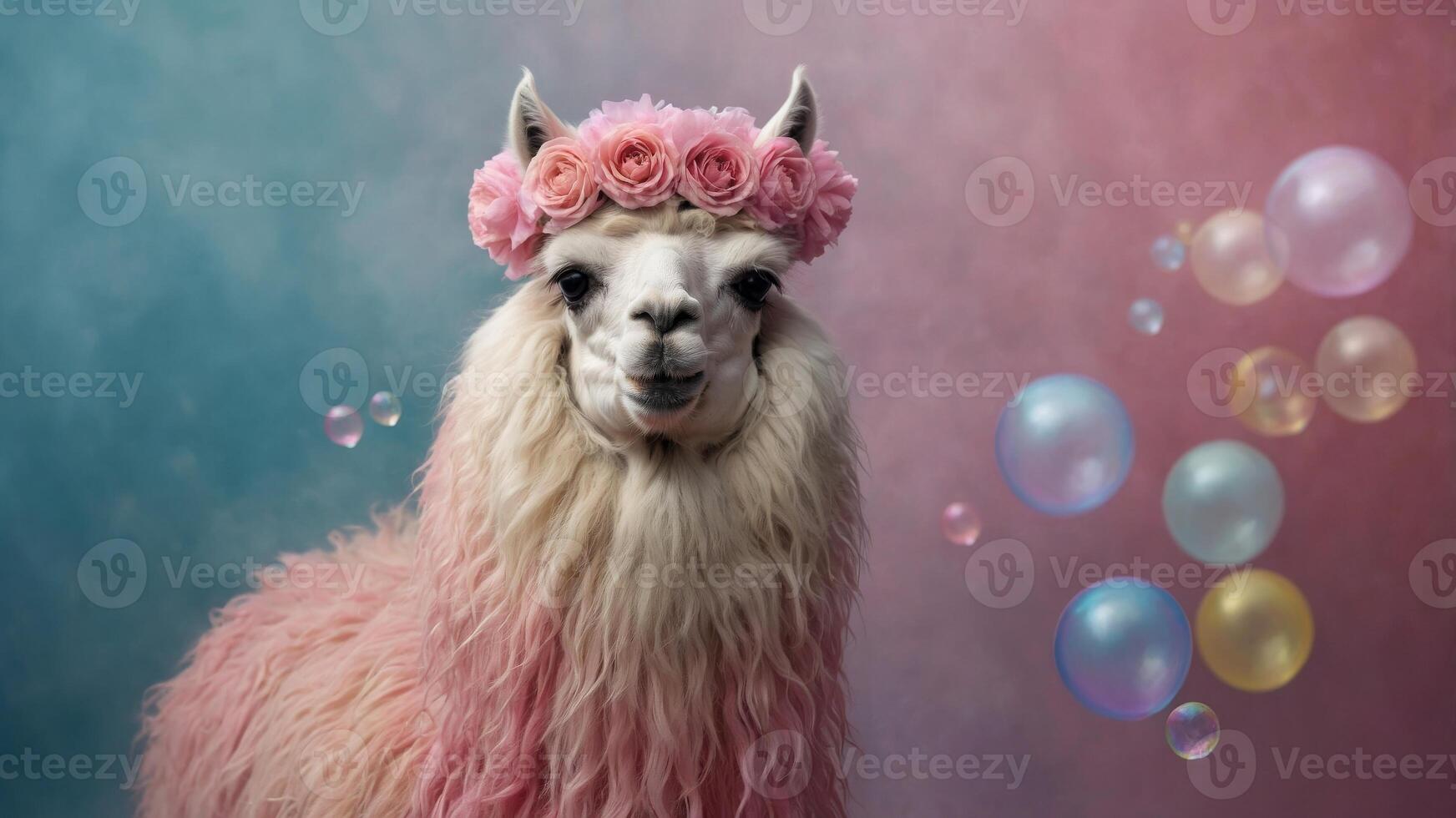 concept fun animal Quirky background mist colorful gum, bubble pink a blowing crown a wearing Llama. photo