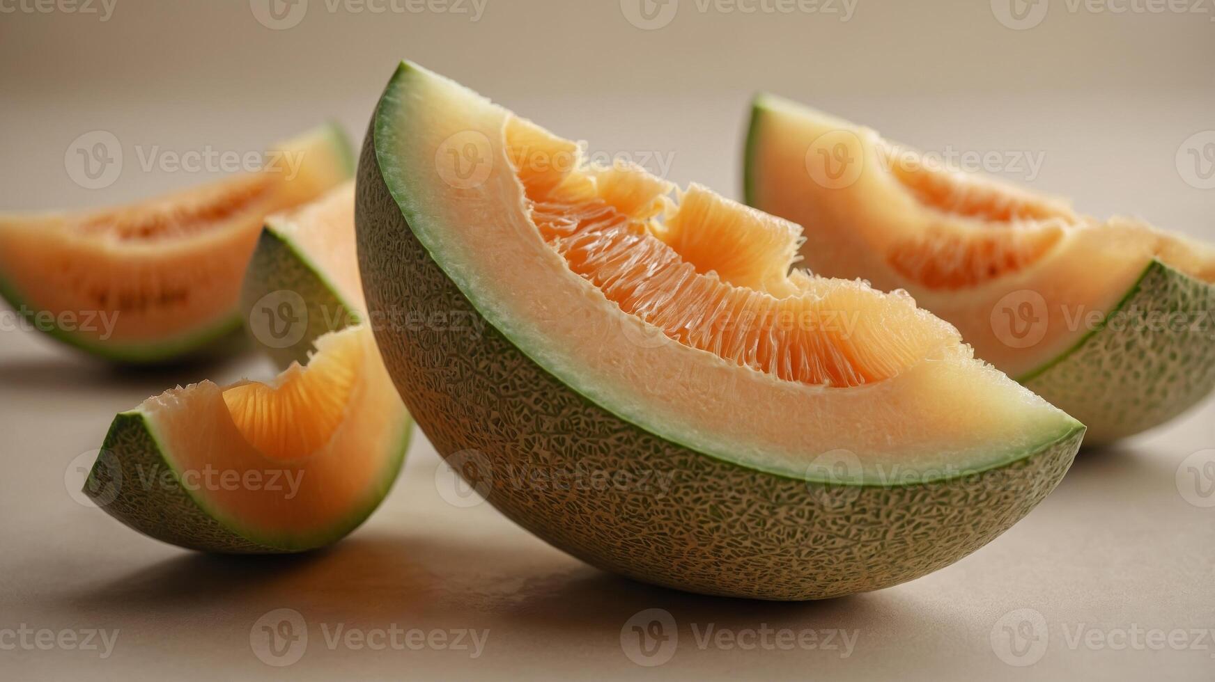 Slices of ripe cantaloupe melon on light beige background, fresh and healthy fruit concept. photo