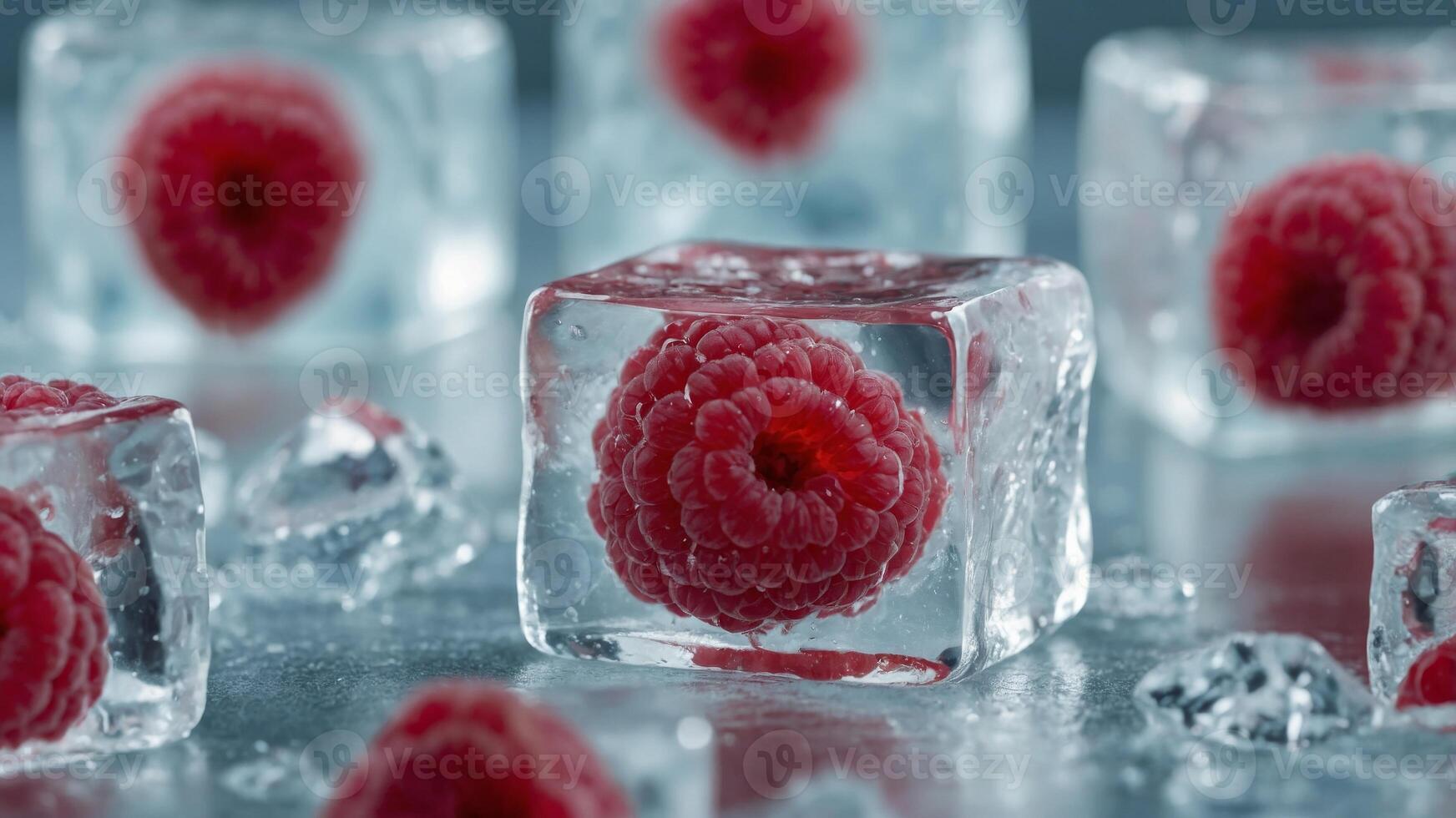 concept refreshing cubes, ice in raspberries Frozen. photo