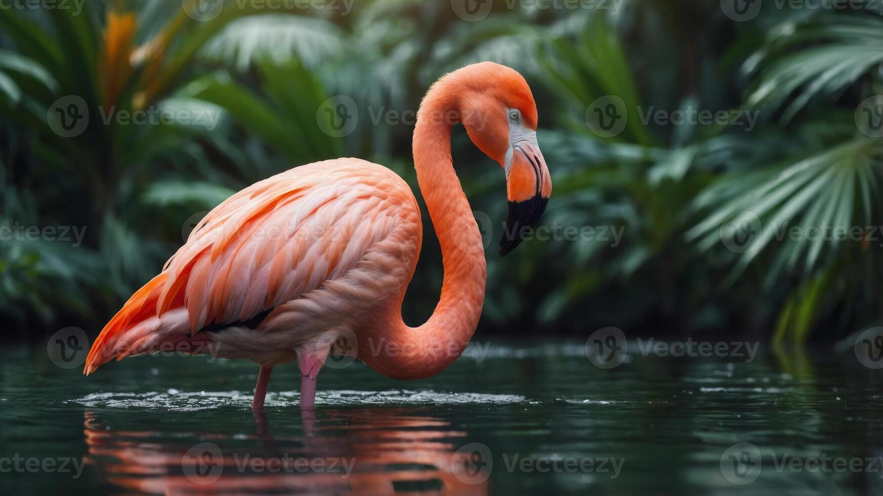Pink flamingo surrounded by tropical palm leaves, vibrant and colorful exotic bird, nature and wildlife concept. photo