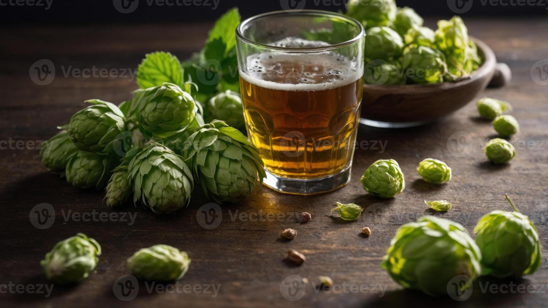 concept ingredients natural and brewing Craft view top leaves, green and hops fresh by surrounded bottle Beer. photo