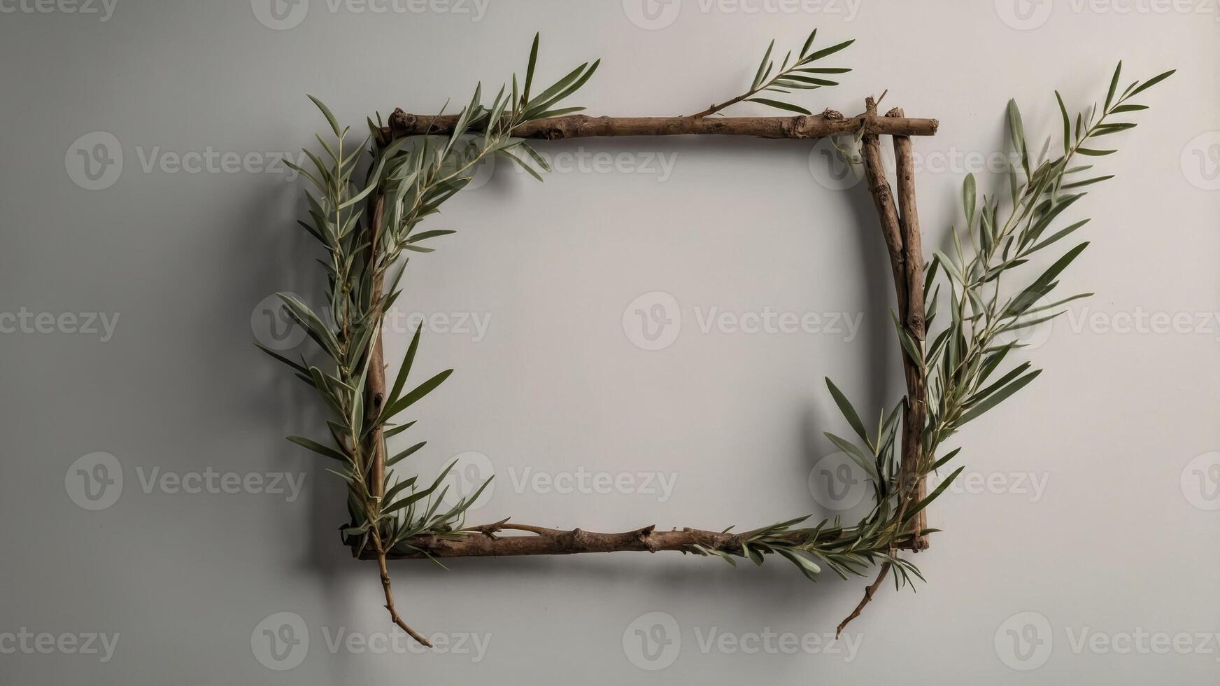 A minimalist Boho frame with single twigs of olive branches encircling a clear space. photo