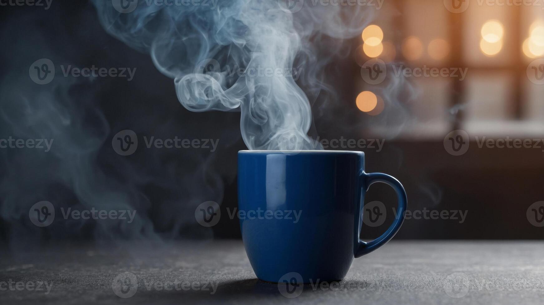 background blue on smoke with mug coffee a from launching Rocket. photo