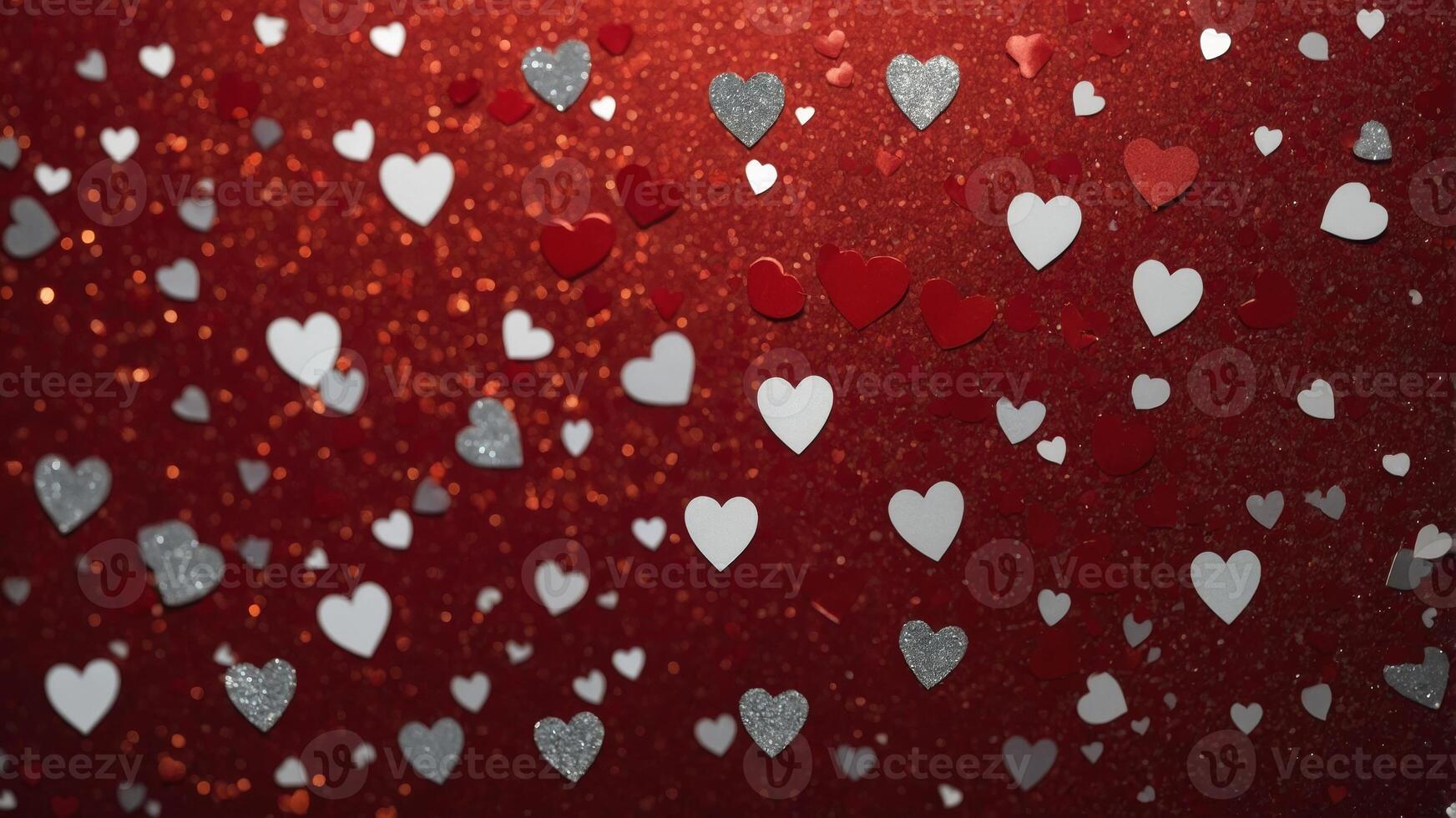 Creative layout with white hearts and silver glitter on red background Nature flat lay Minimal love concept. photo