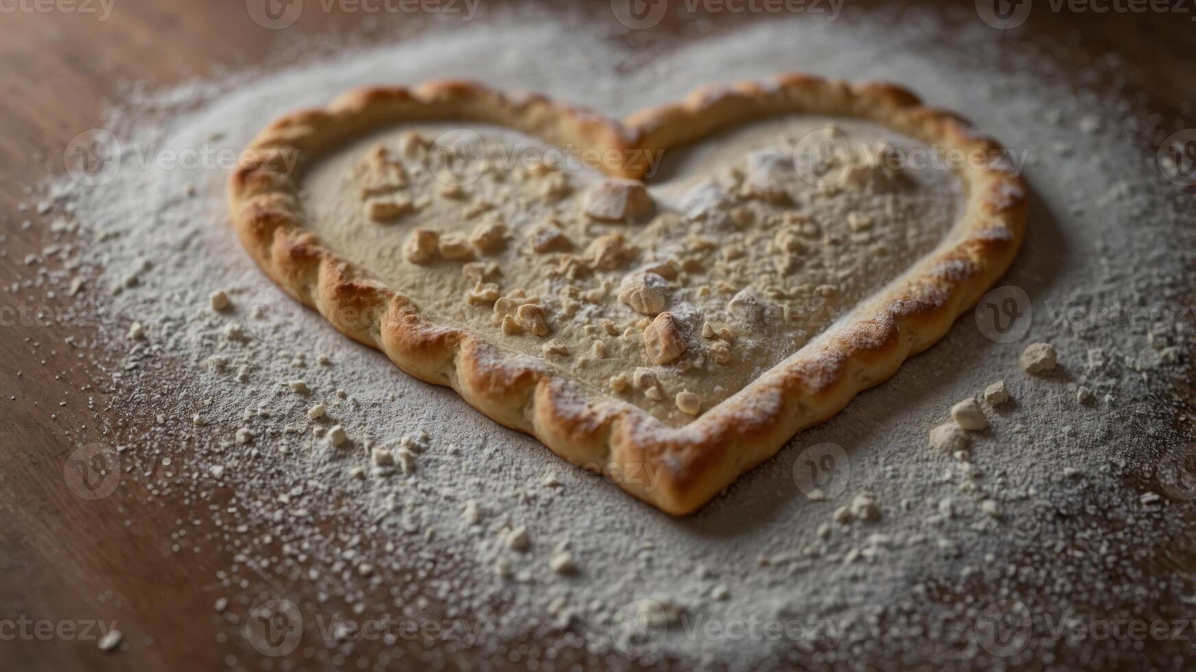 concept preparation baking surface, floured a on dough Heart-shaped. photo