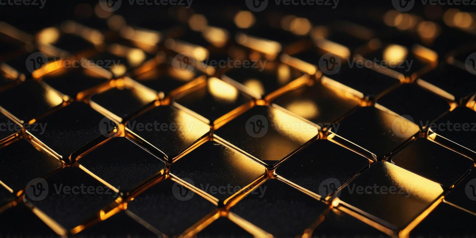 Hexagonal abstract metal black background with gold line light. photo