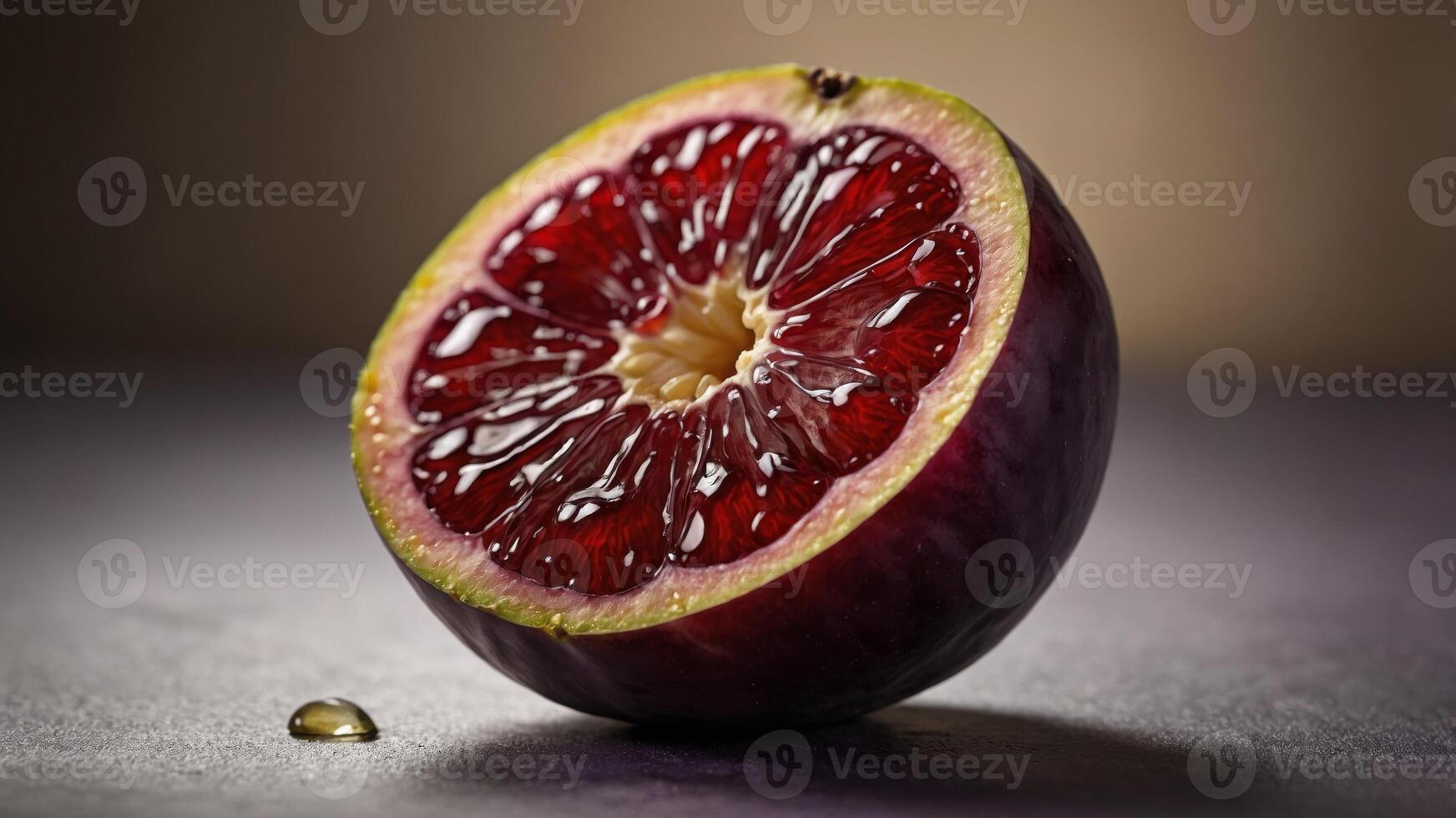 concept fruit juicy and Fresh shot studio background, beige a on plum halved a of Close-up. photo