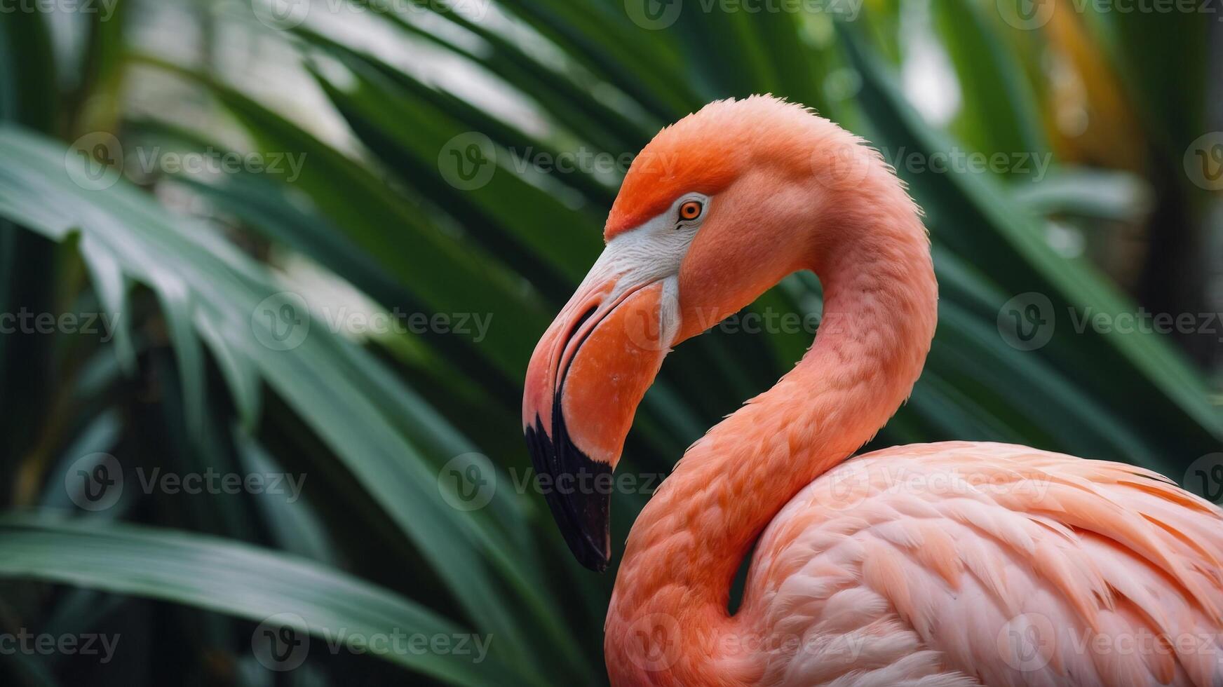 Pink flamingo surrounded by tropical palm leaves, vibrant and colorful exotic bird, nature and wildlife concept. photo