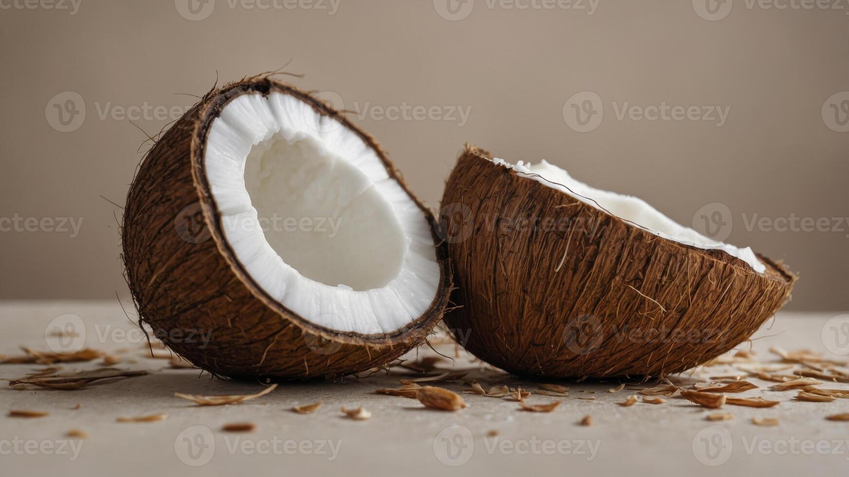 concept natural minimalistic background, beige on coconut whole and Half. photo