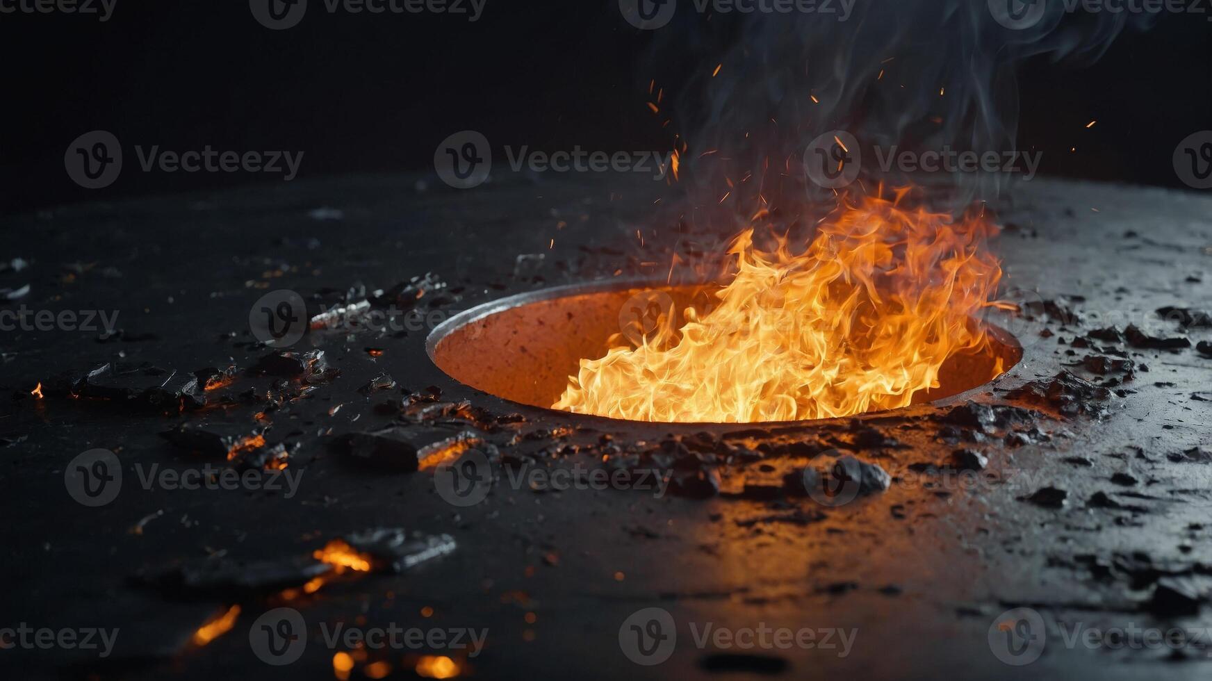 Hole in metallic surface with fire and glowing embers. photo