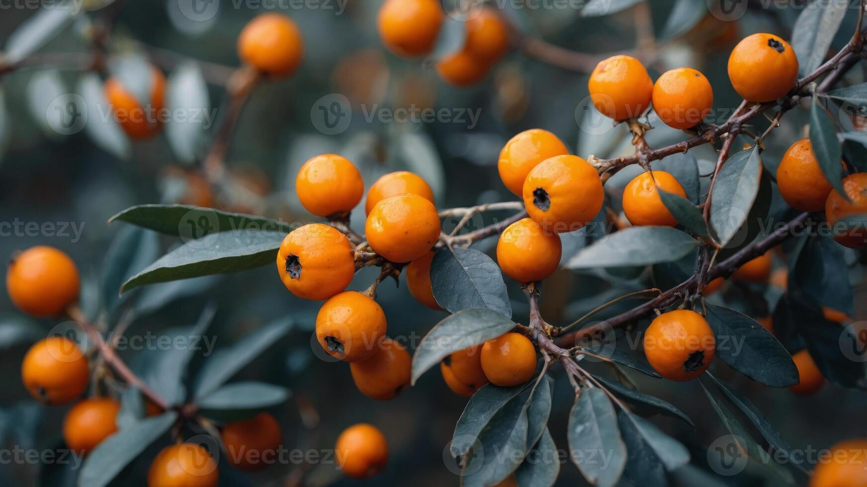 concept nature and harvest Autumn background blurred berries, orange ripe with seabuckthorn of Branch. photo