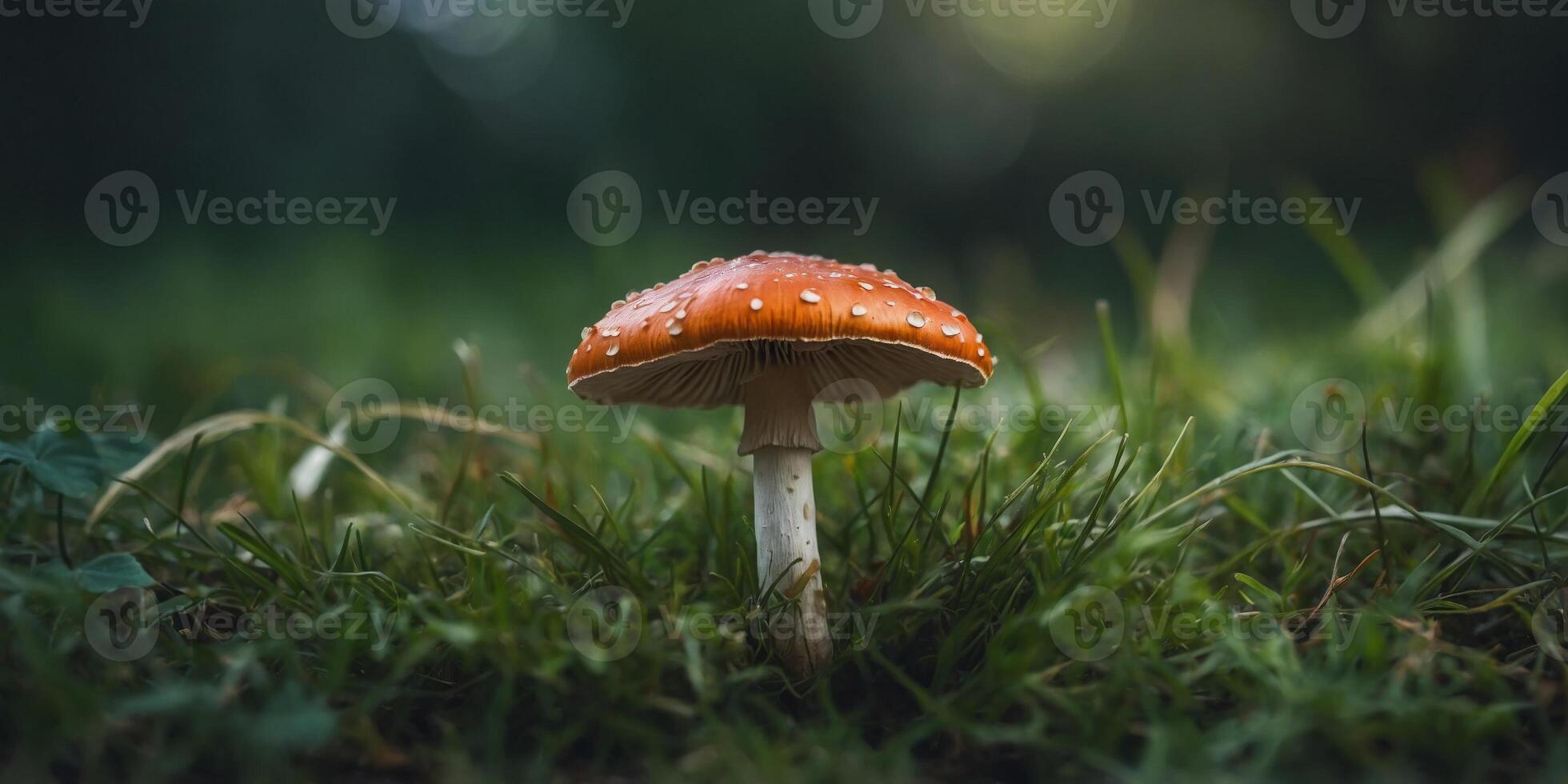 Magic Mushroom in green grass Psilocybin mushroom Flat lay Nature concept. photo