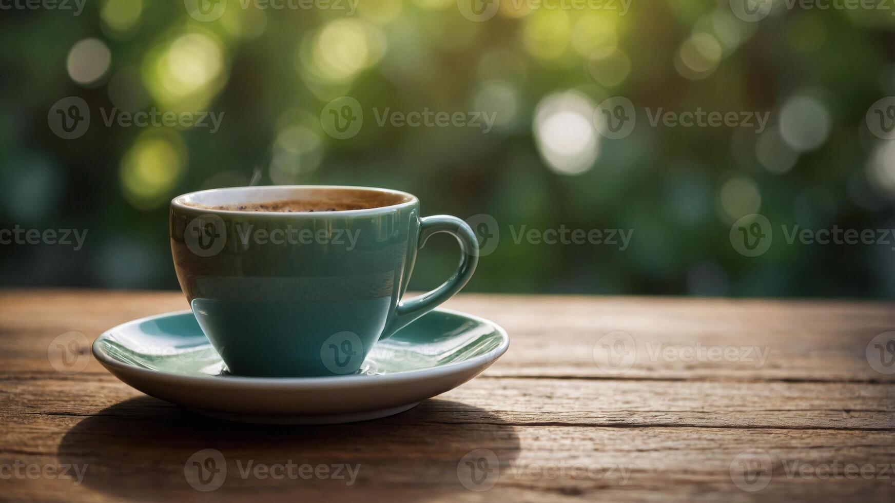 Coffee cup on a rustic wooden table with a blurred green bokeh background perfect for a copy space image. photo
