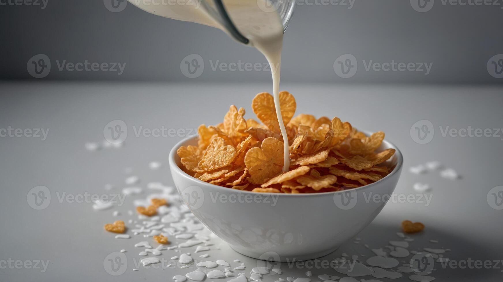 Shape Heart in Cornflakes onto Milk Pouring. photo