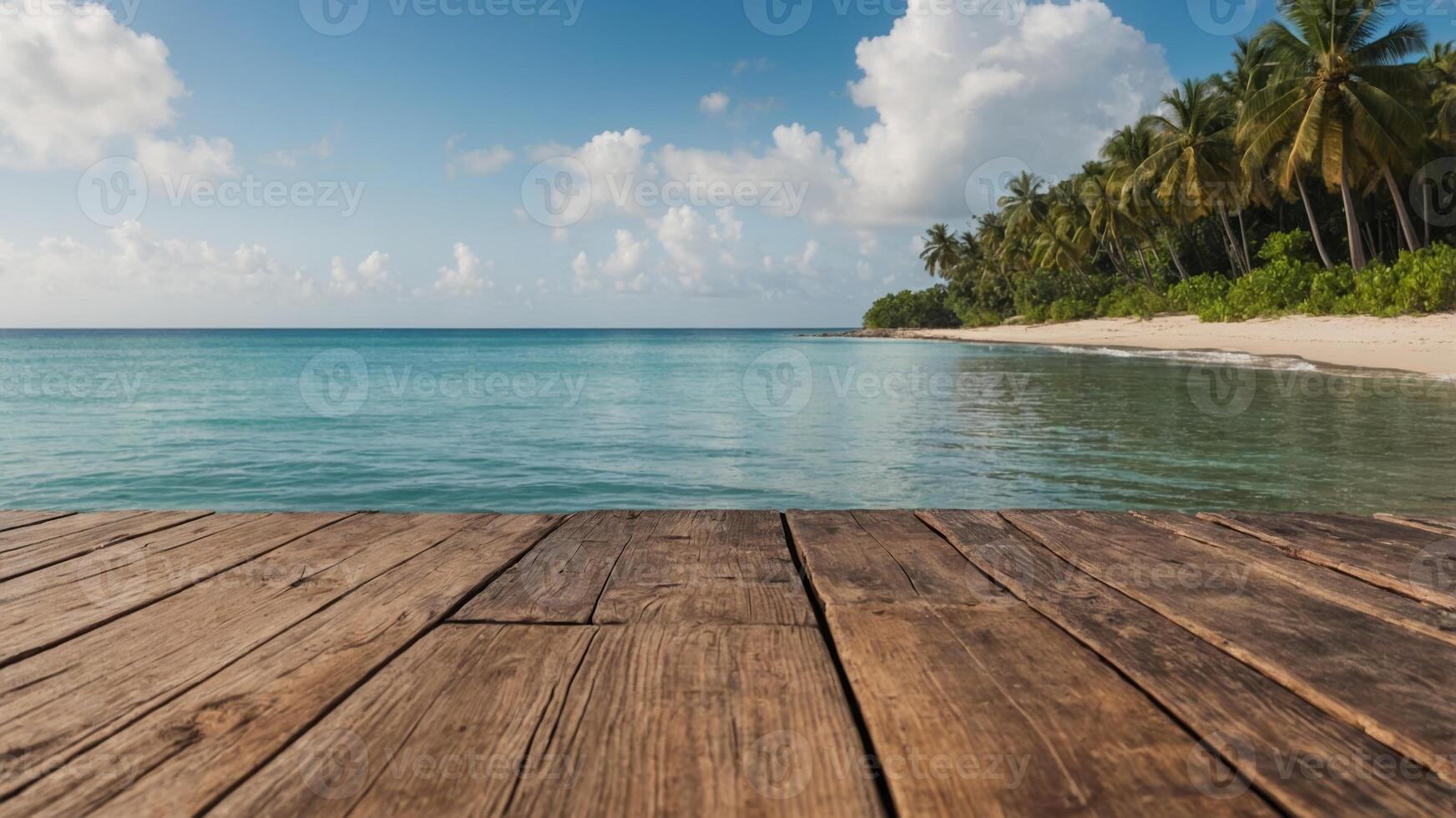A serene tropical beach scene with a wooden deck overlooking the ocean perfect for a copy space image. photo
