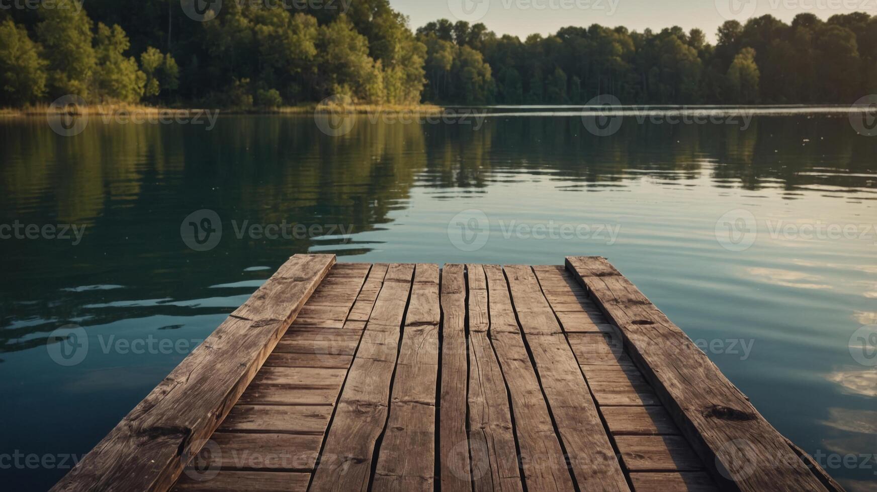 An aged wooden dock extending into a serene lake providing a picturesque copy space image. photo