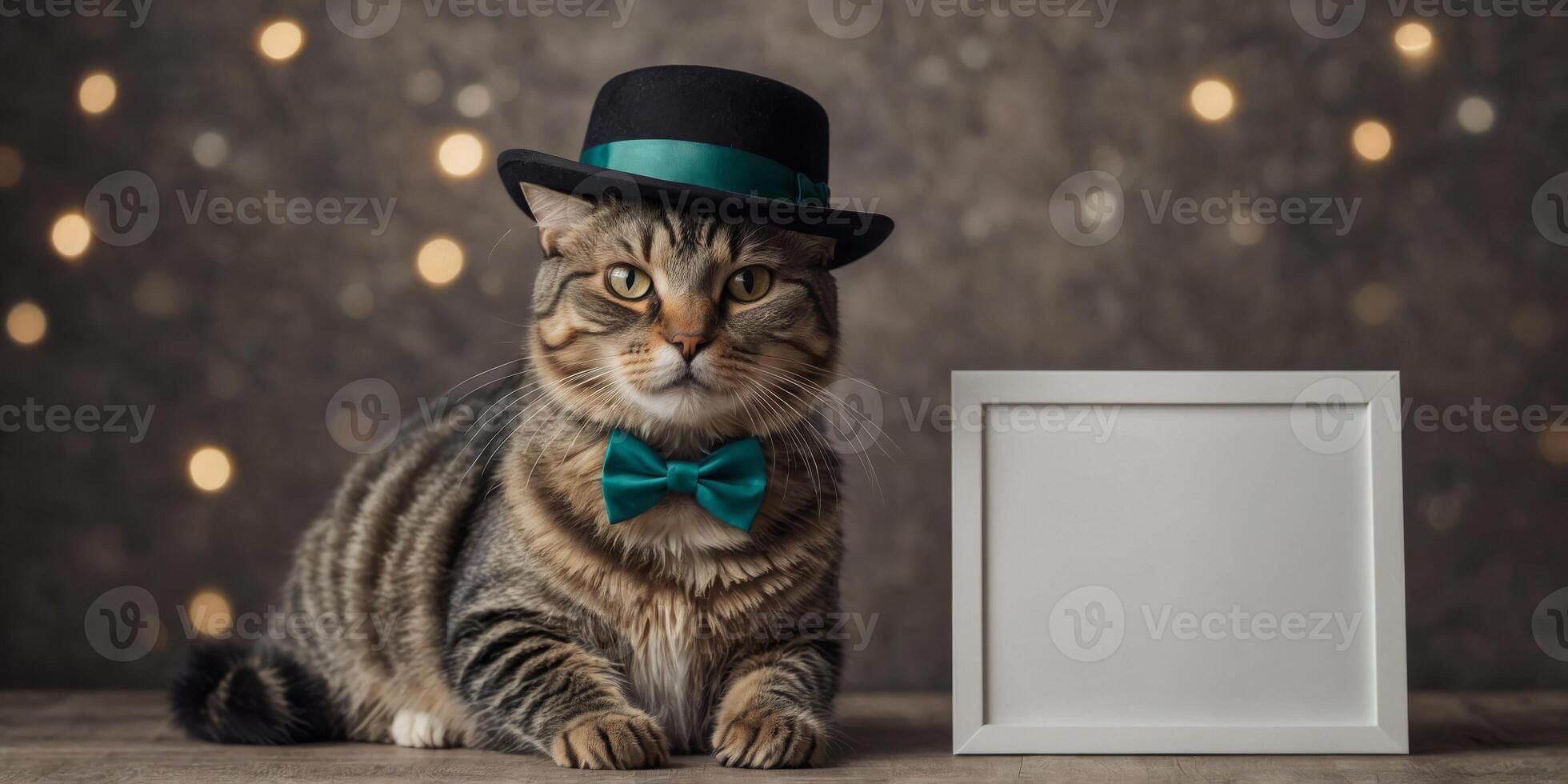 A cat dressed in a hat and bow tie holds a blank banner. photo