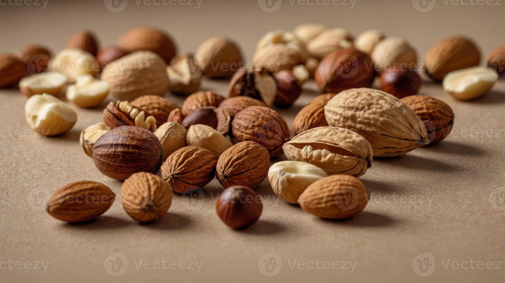 Various nuts scattered on a beige background, healthy eating and snack concept. photo