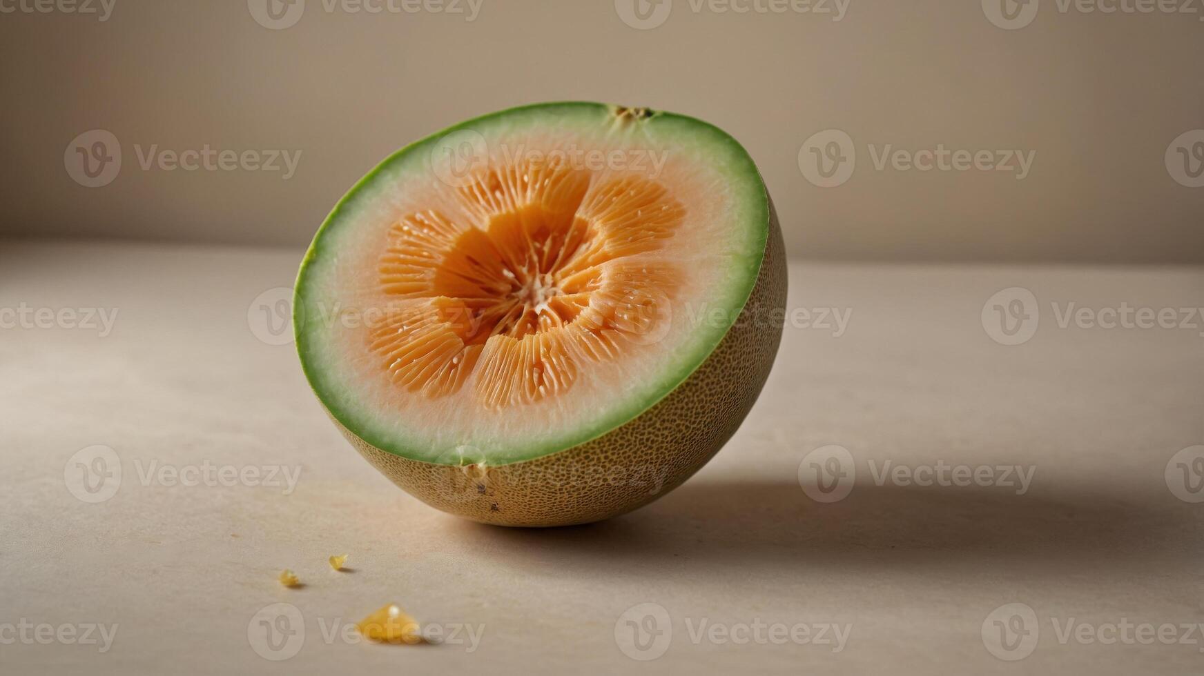 Slices of ripe cantaloupe melon on light beige background, fresh and healthy fruit concept. photo