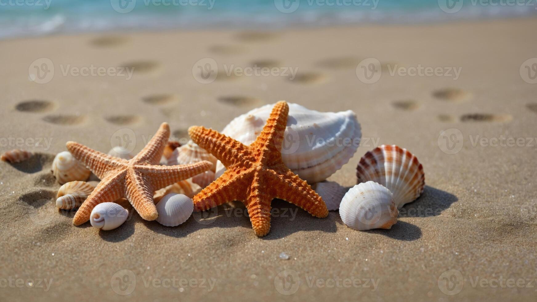 Assorted seashells and starfish on sandy background. photo