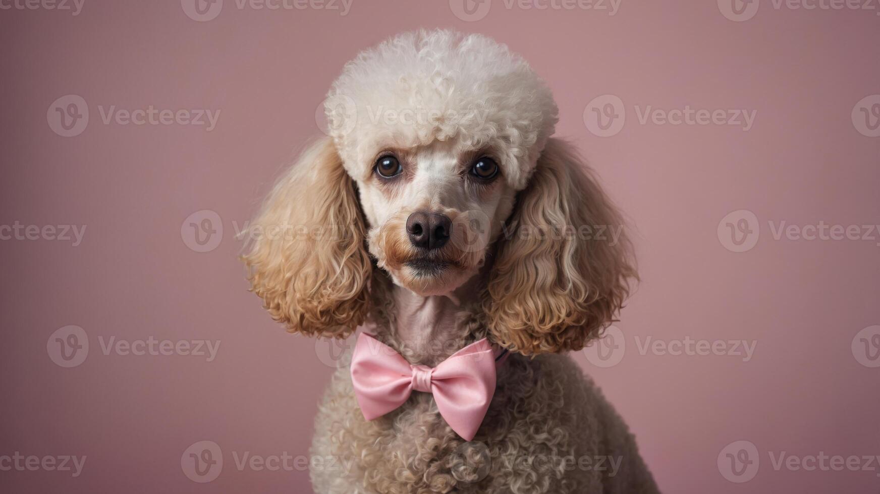 Poodle with pink bow in pastel background, cute and stylish pet concept. photo
