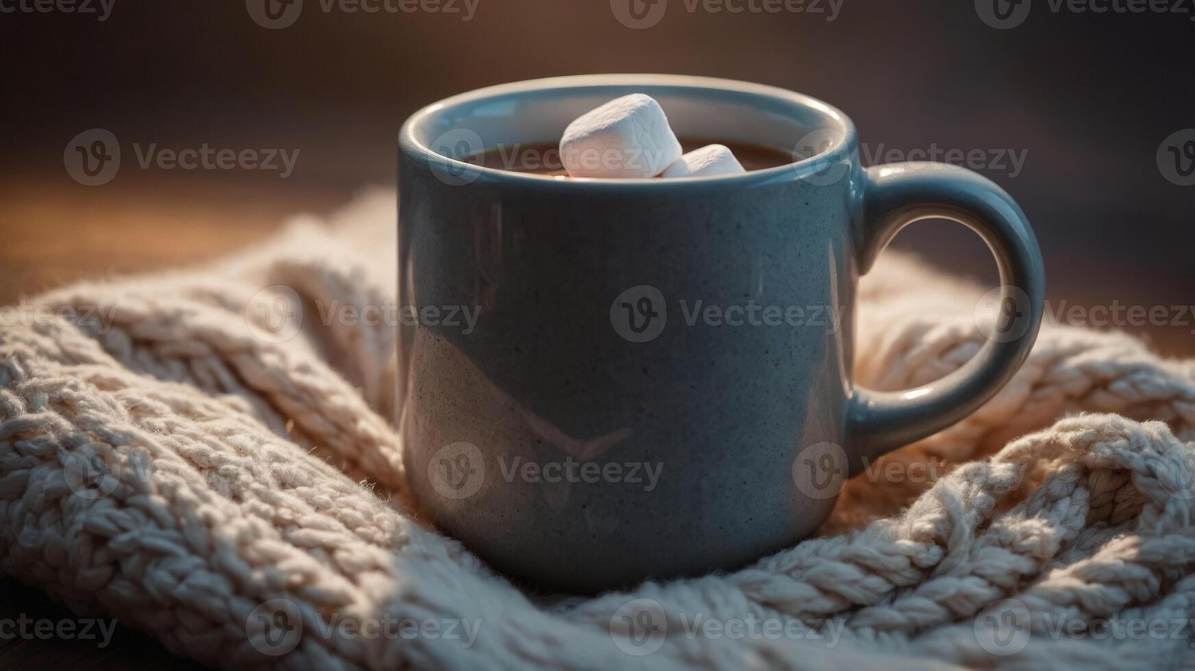 A cozy mug with a marshmallow on a blanket, perfect for a warm and comforting beverage. photo