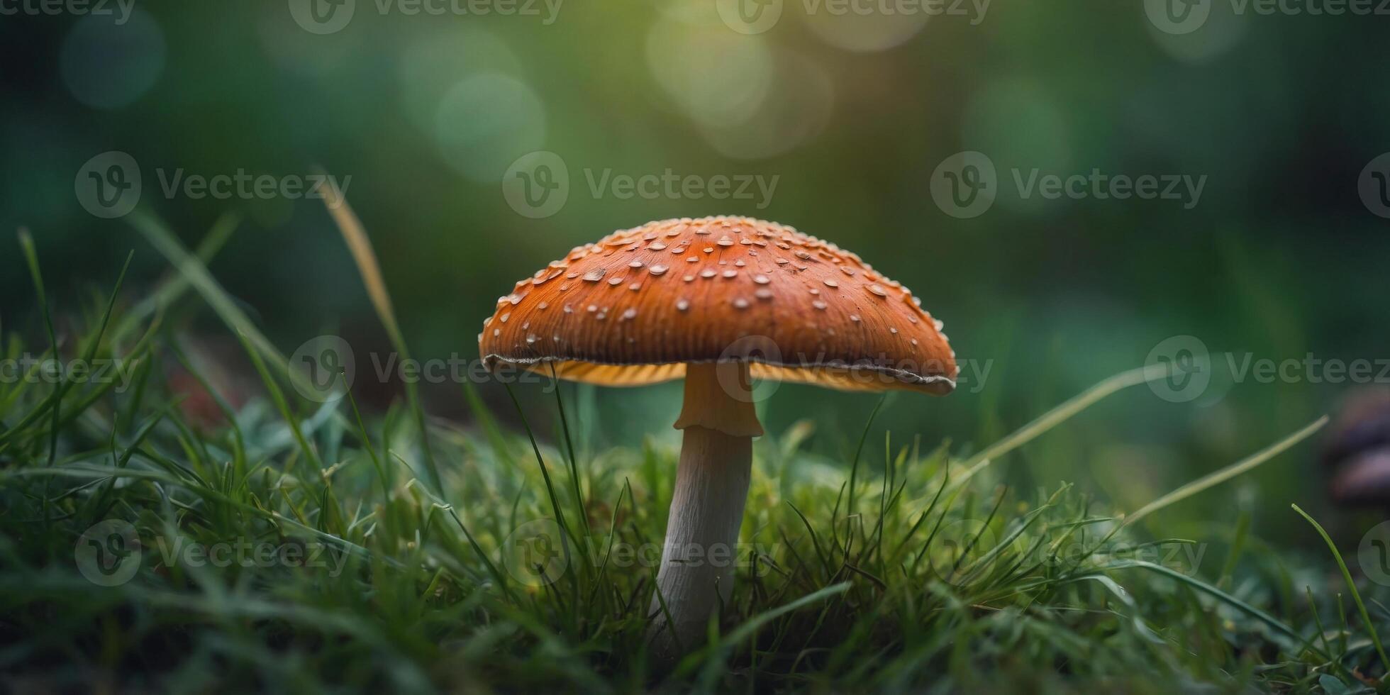 Magic Mushroom in green grass Psilocybin mushroom Flat lay Nature concept. photo