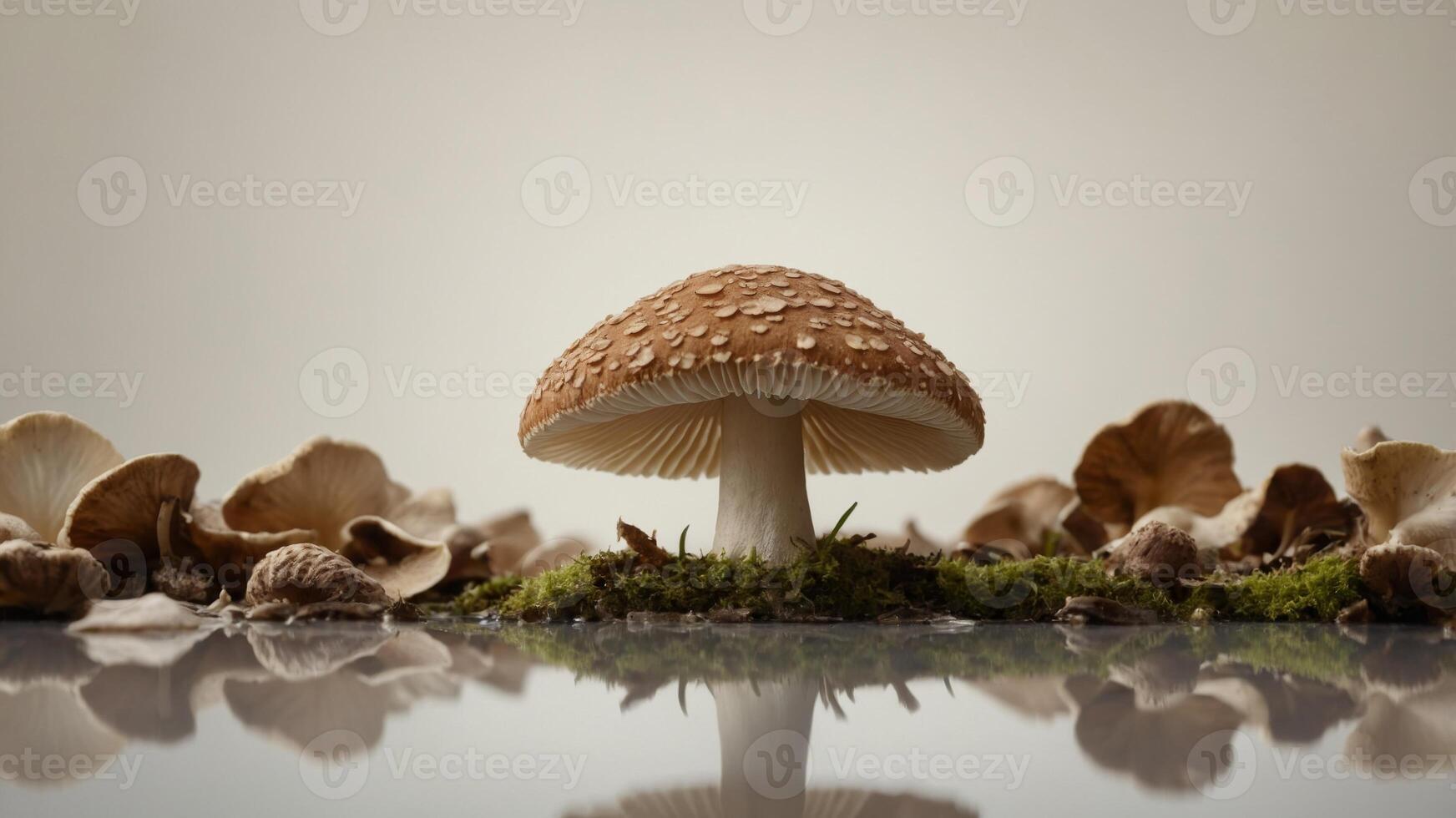 concept nature Minimalistic shot studio close-up background, beige on mushroom White. photo