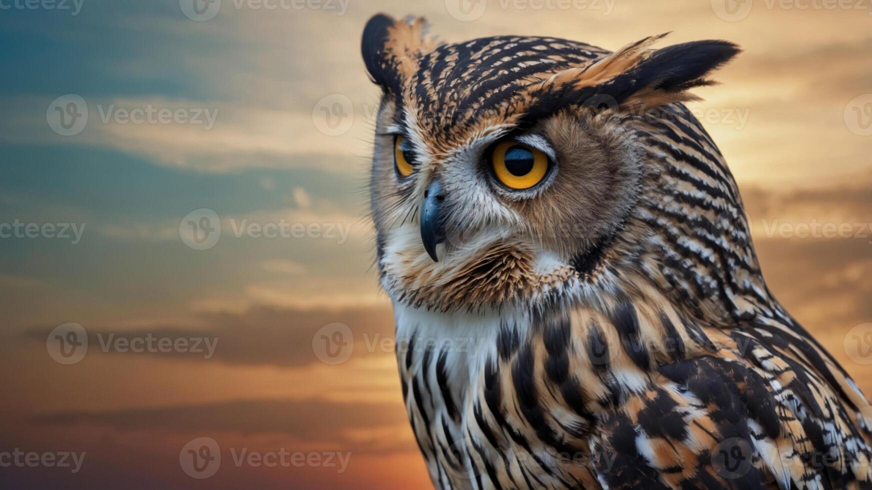 A close up of an owl with a sky background. photo