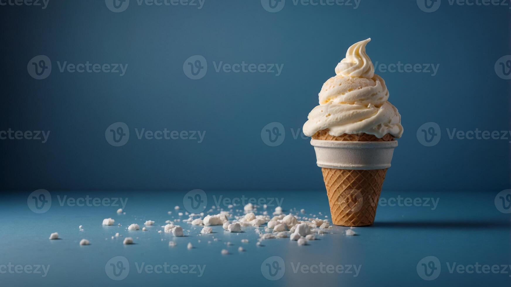 Ice cream cone with light bulb base on blue background, creative concept. photo