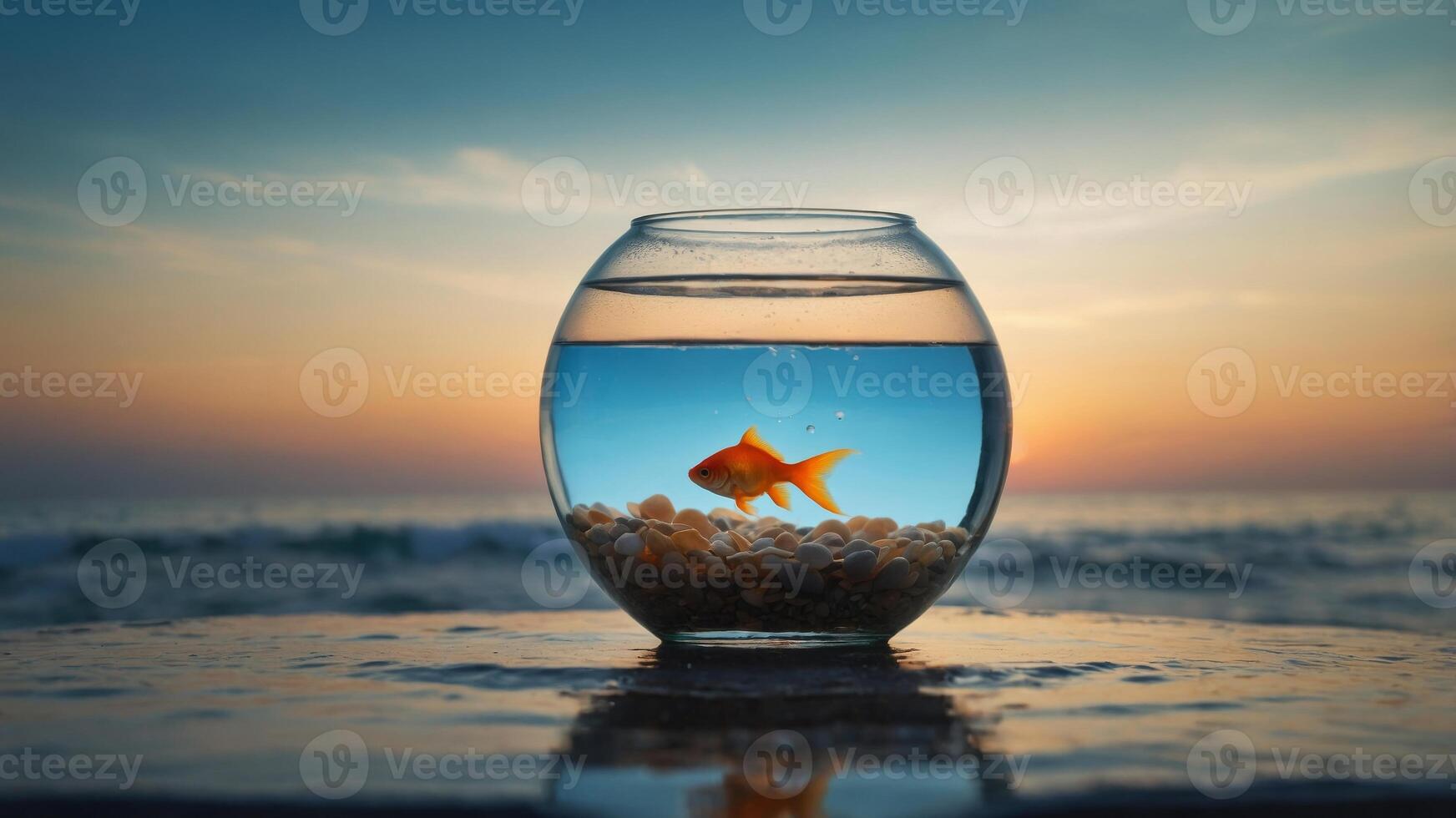 concept isolation and tranquility sunrise, at ocean serene on floating fishbowl in Goldfish. photo