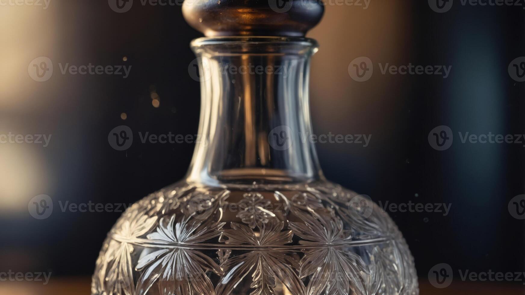 A closer look at the delicate etchings on a vintage crystal decanter an elegant touch to any wine presentation. photo