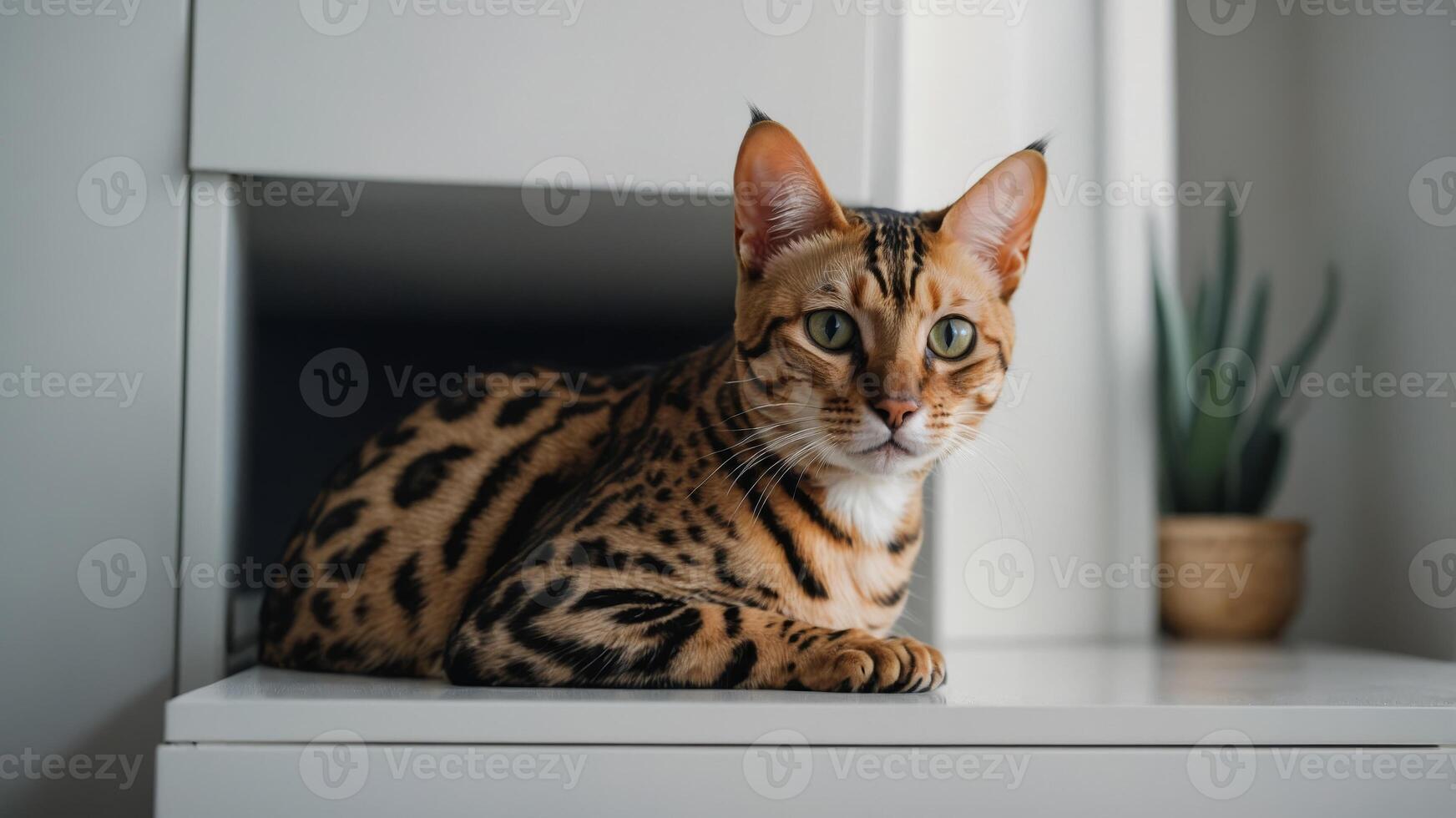 The Bengal cat is hiding in the white drawer of the wardrobe. photo