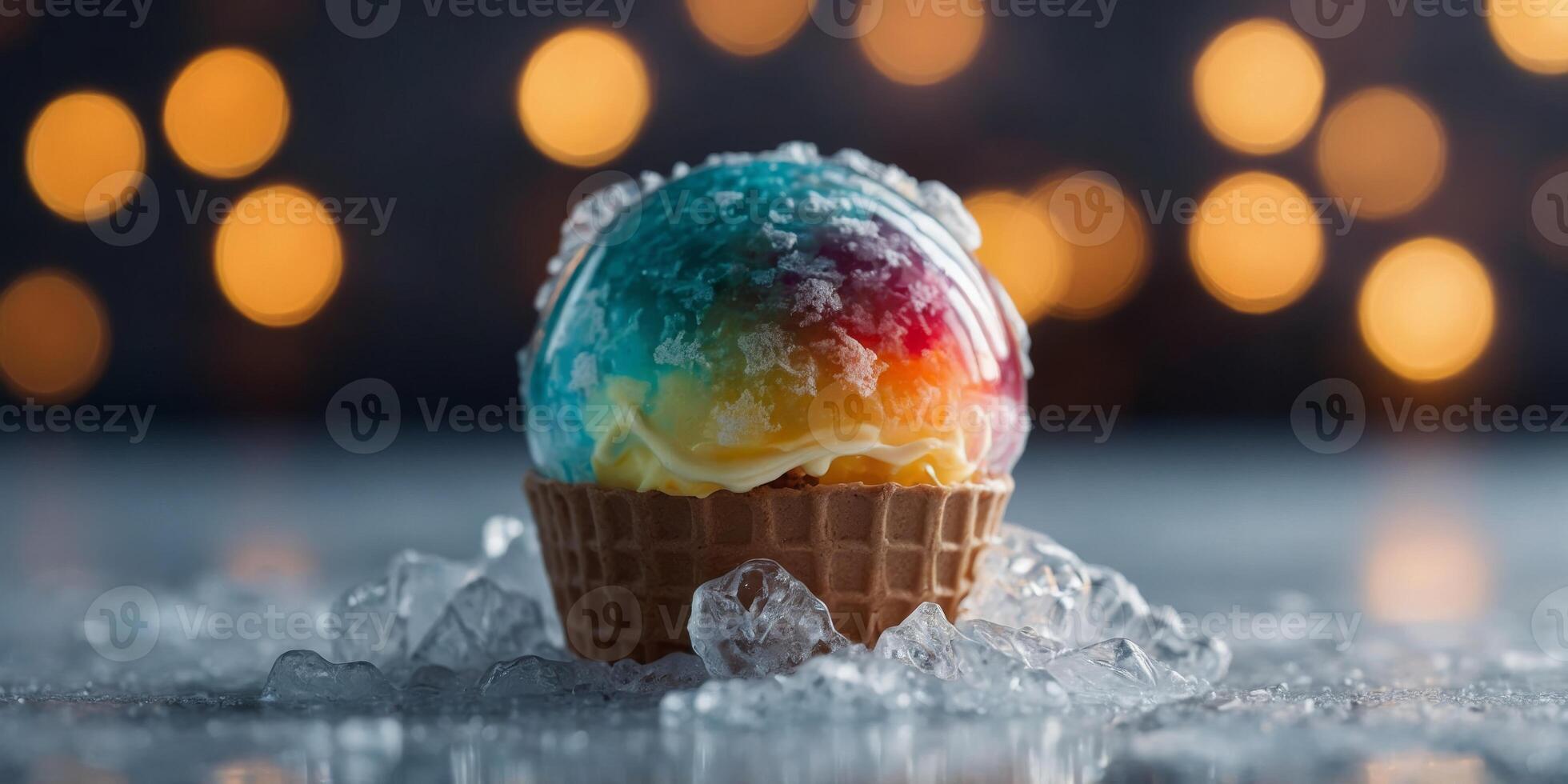 Christmas decoration bauble in ice cream cone New Year minimal concept. photo