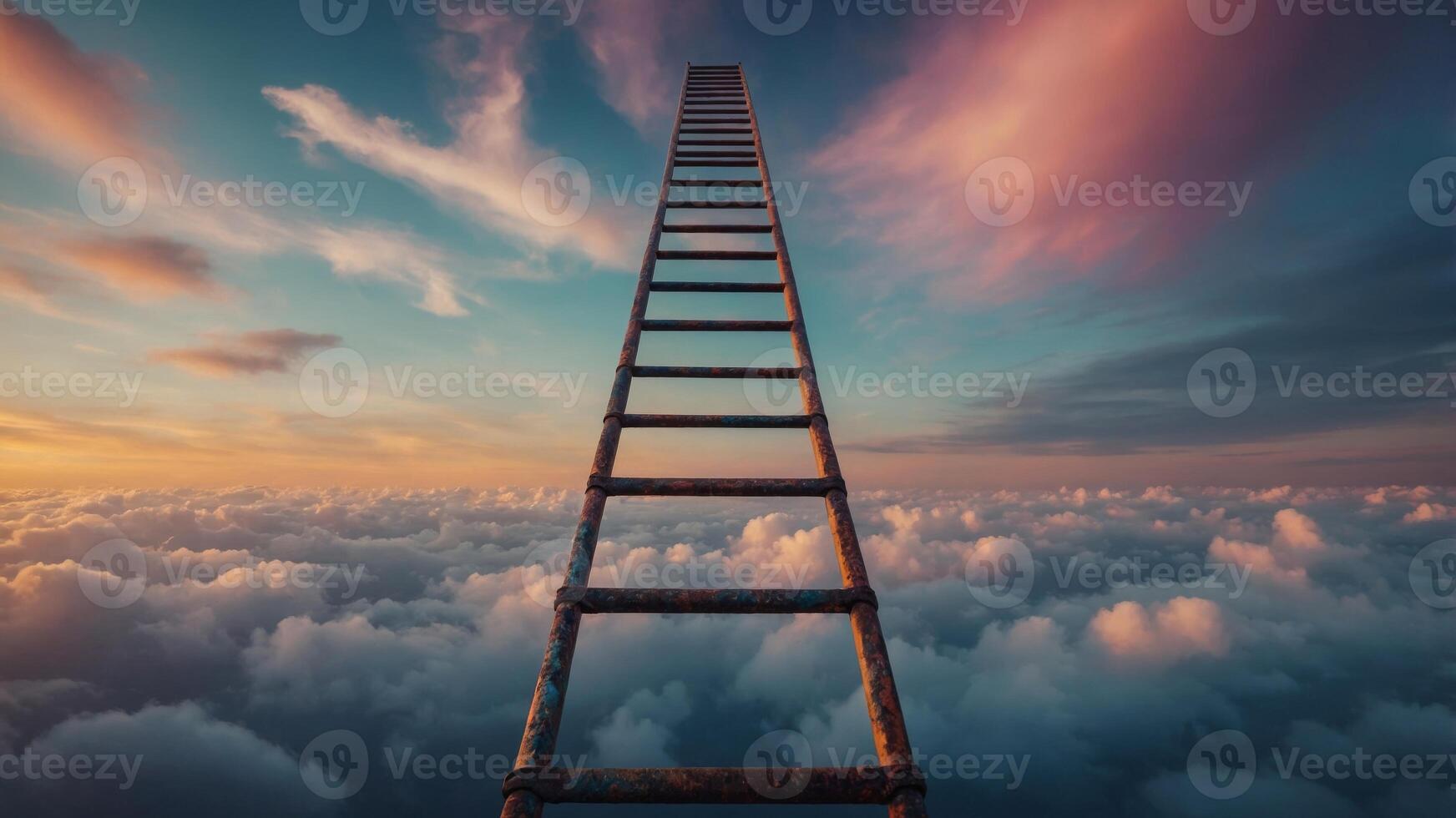 Ladder reaching a cloud in a colorful sky. photo