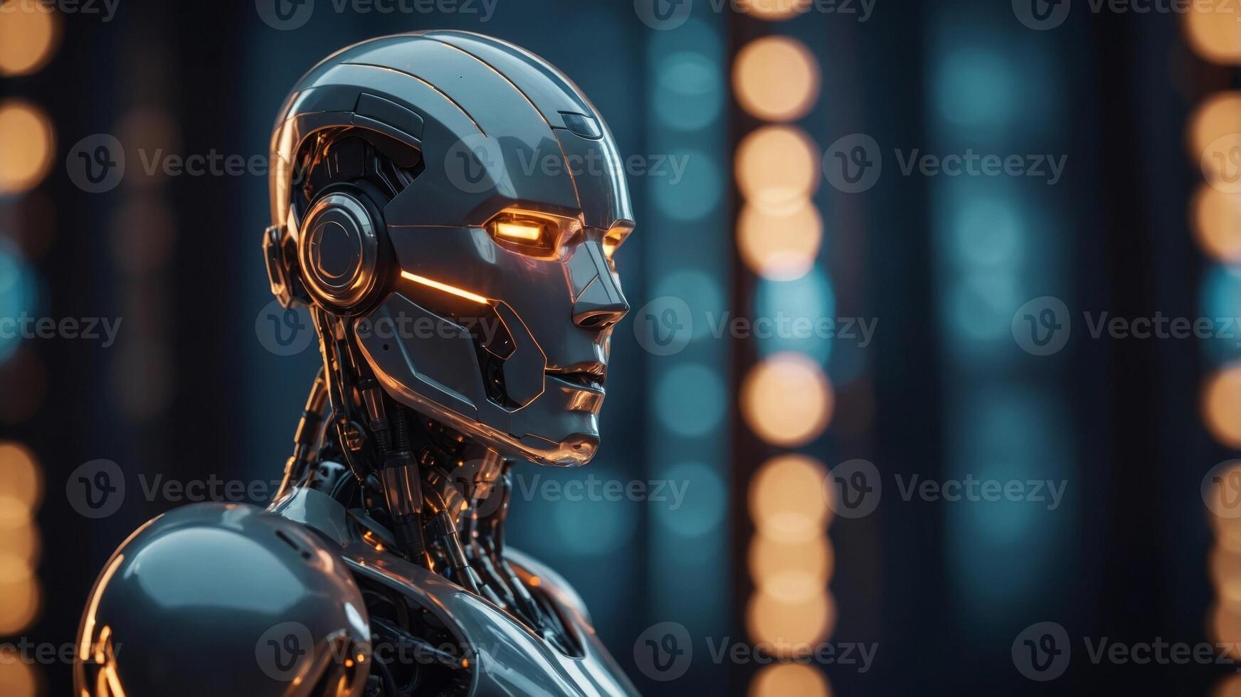 Futuristic robot with glowing lights in a bokeh background, technological innovation concept. photo