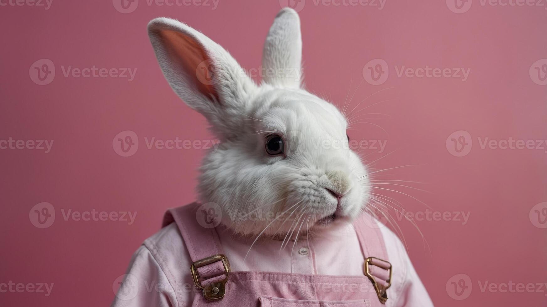 White Rabbit in Pink Overalls on Pink Background. photo