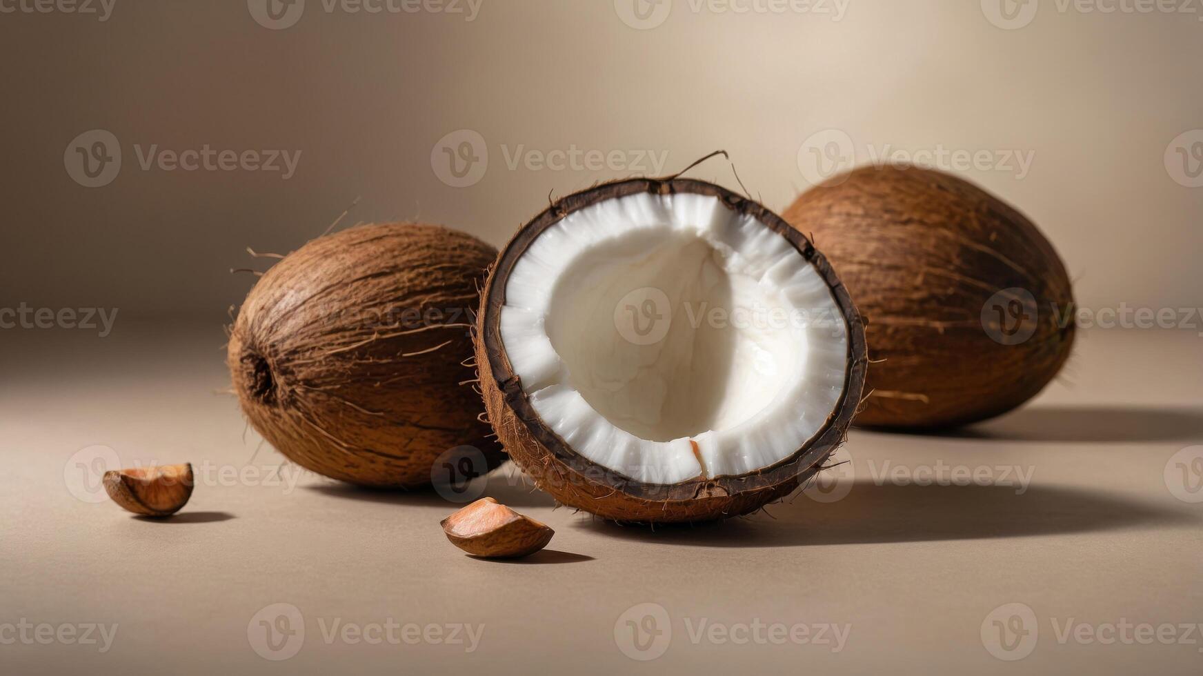 Whole and halved coconuts on a beige background, tropical fruit concept. photo