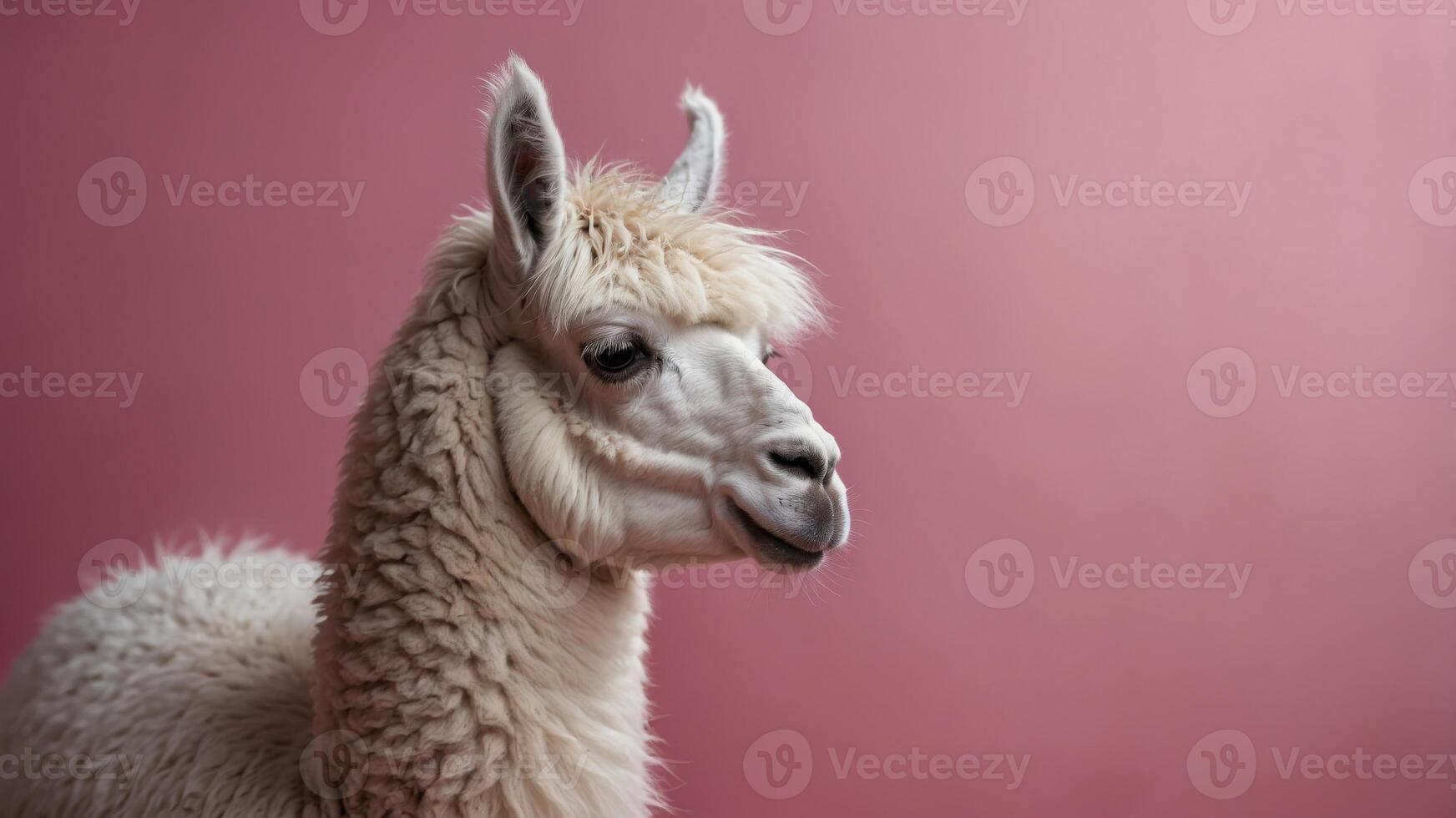 White Llama Standing in Front of Pink Background. photo