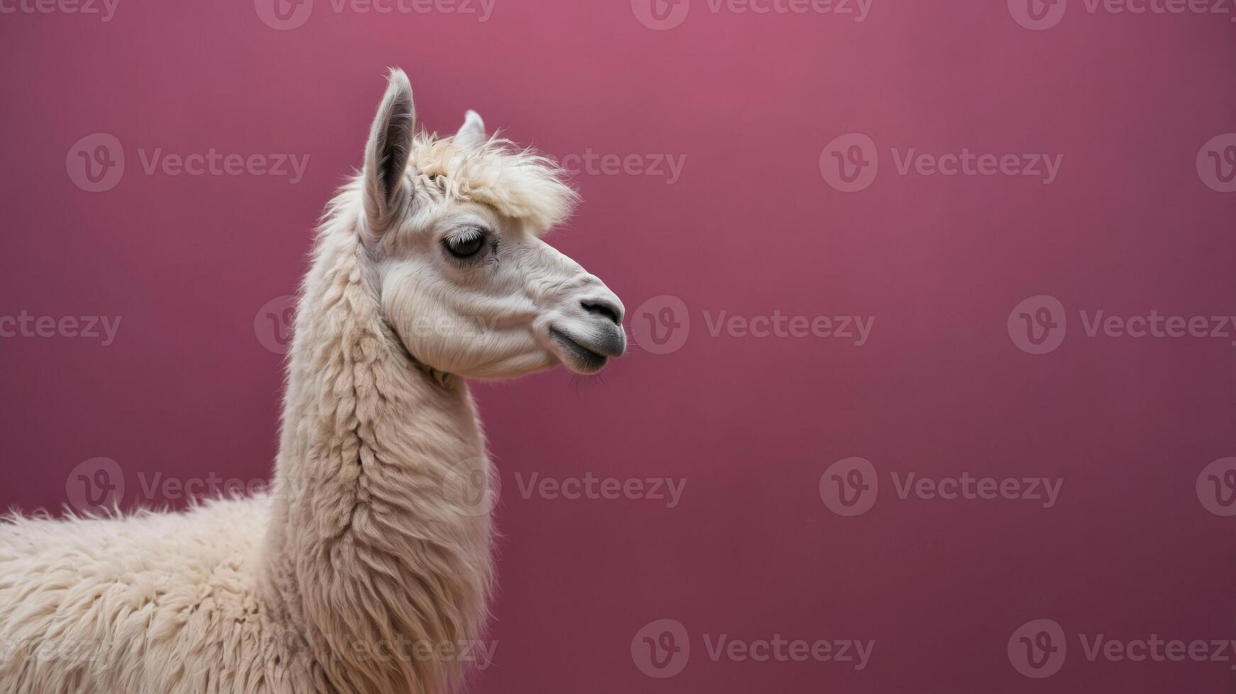 White Llama Standing in Front of Pink Background. photo