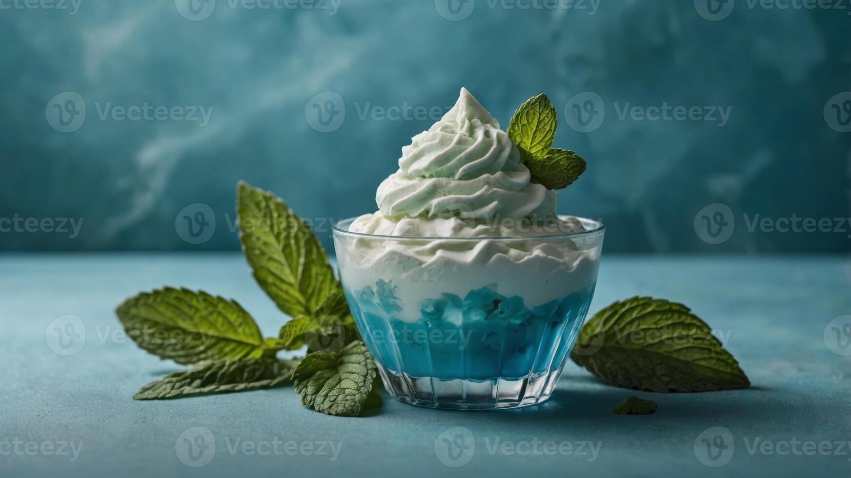 concept dessert summer Refreshing background blue a on leaves mint with cone cream ice Mint. photo