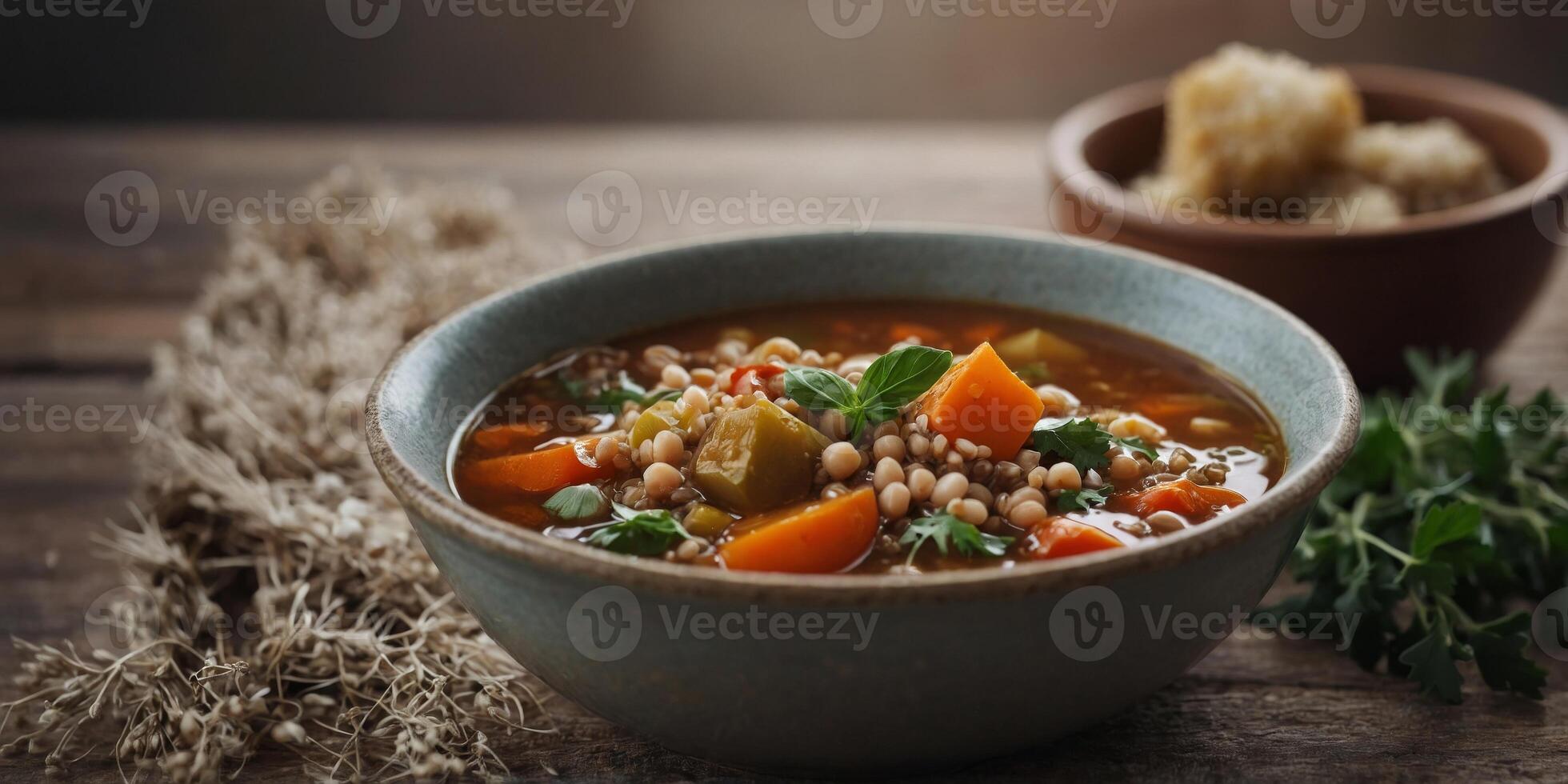 A comforting bowl of buckwheat and vegetable stew simmered in a flavorful broth. photo