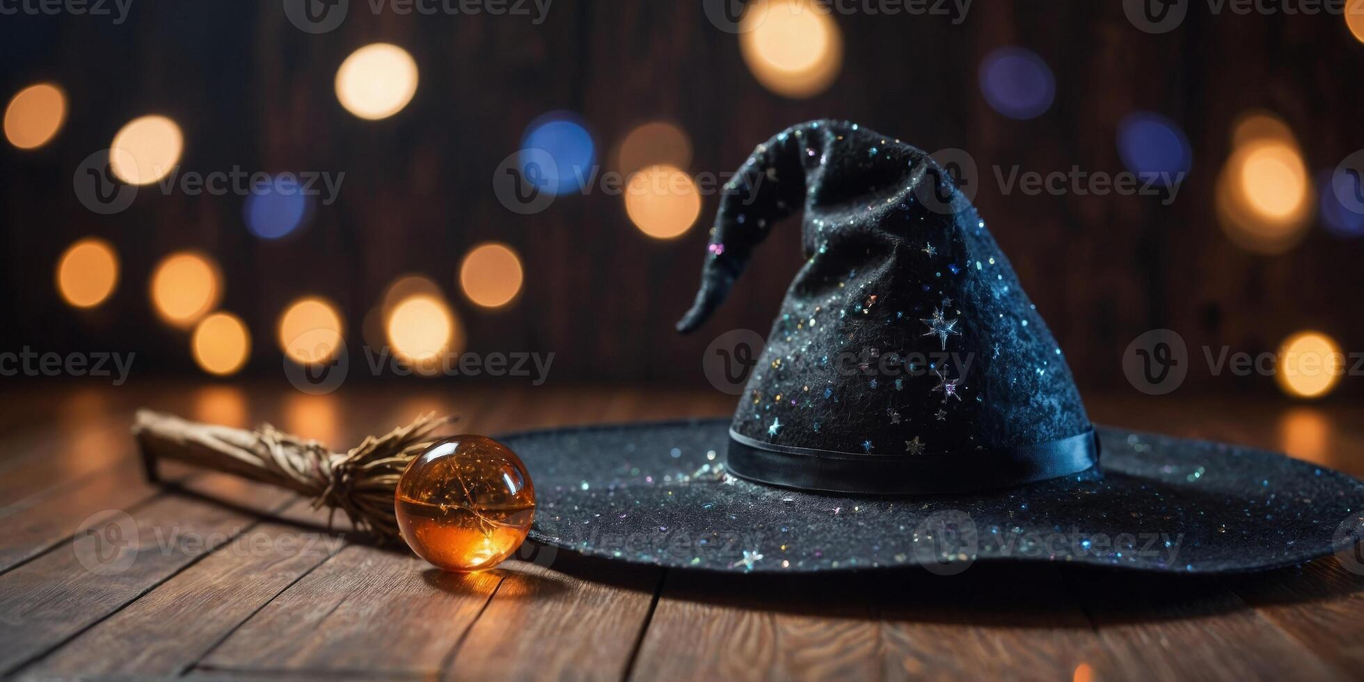 A witch's hat and broomstick lying on a wooden floor with a glowing crystal ball nearby. photo