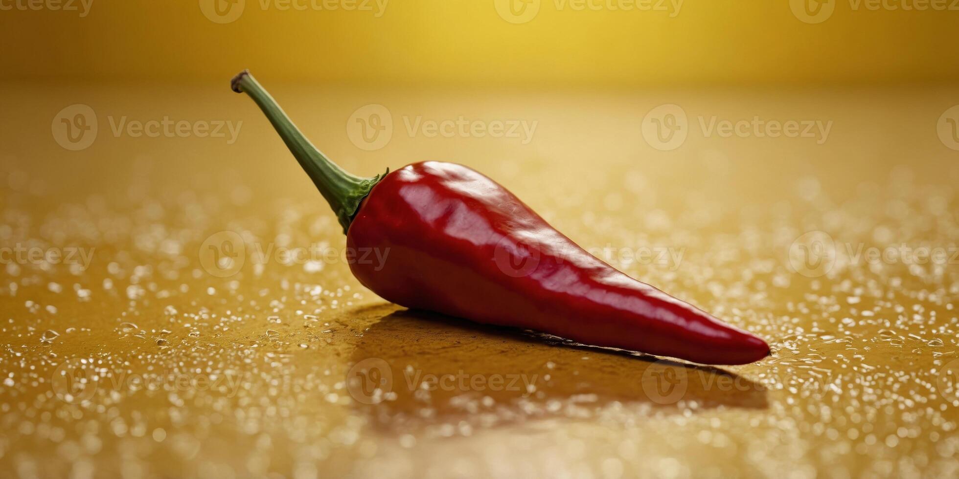 Single Red Chili Pepper on Yellow Background. photo