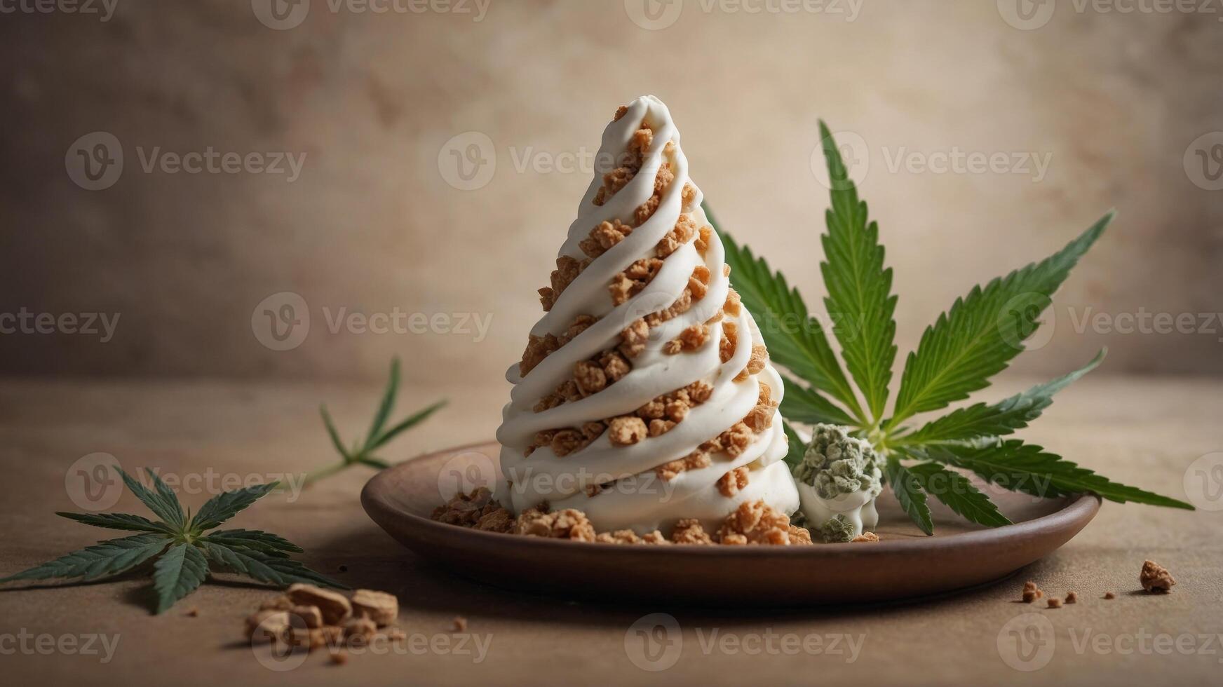 concept dessert and food Unconventional concept creative background, beige on leaf cannabis with cone cream Ice. photo